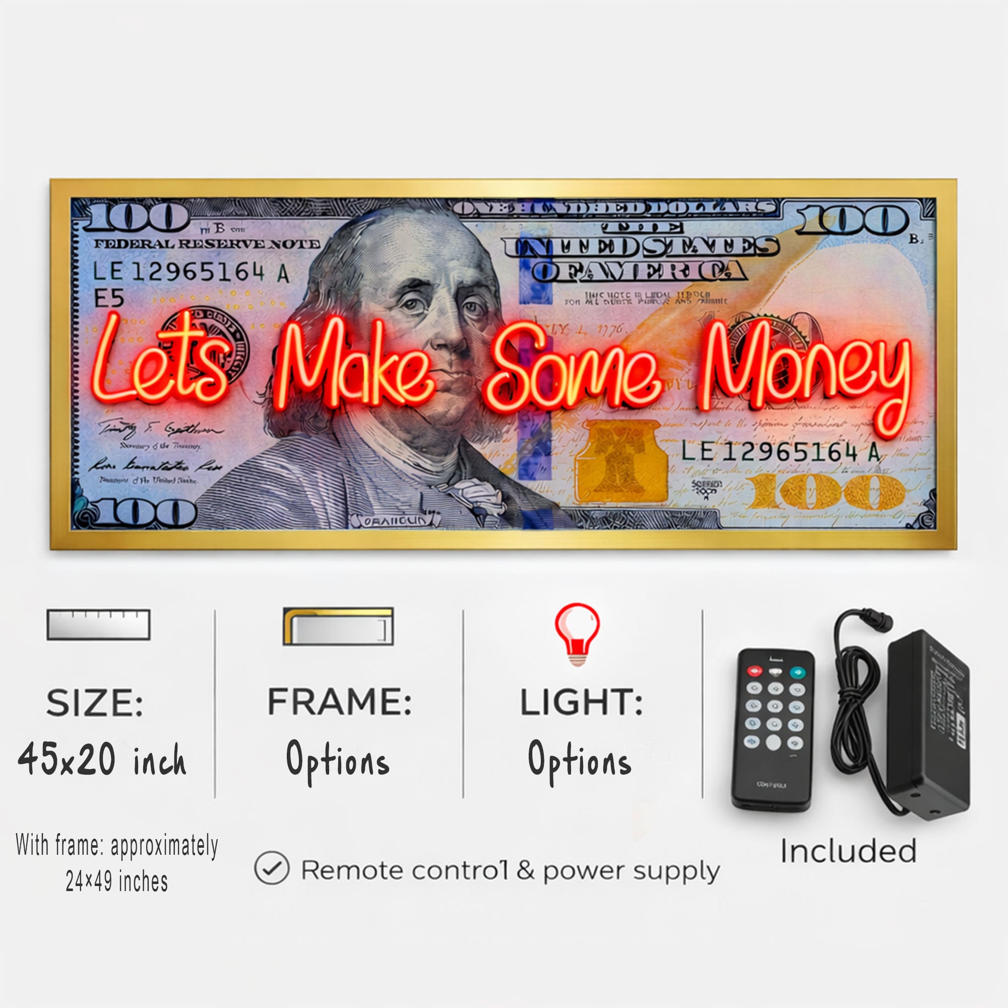 100 Dollar Bill Neon Wall Art – “Let’s Make Some Money” Motivational Decor