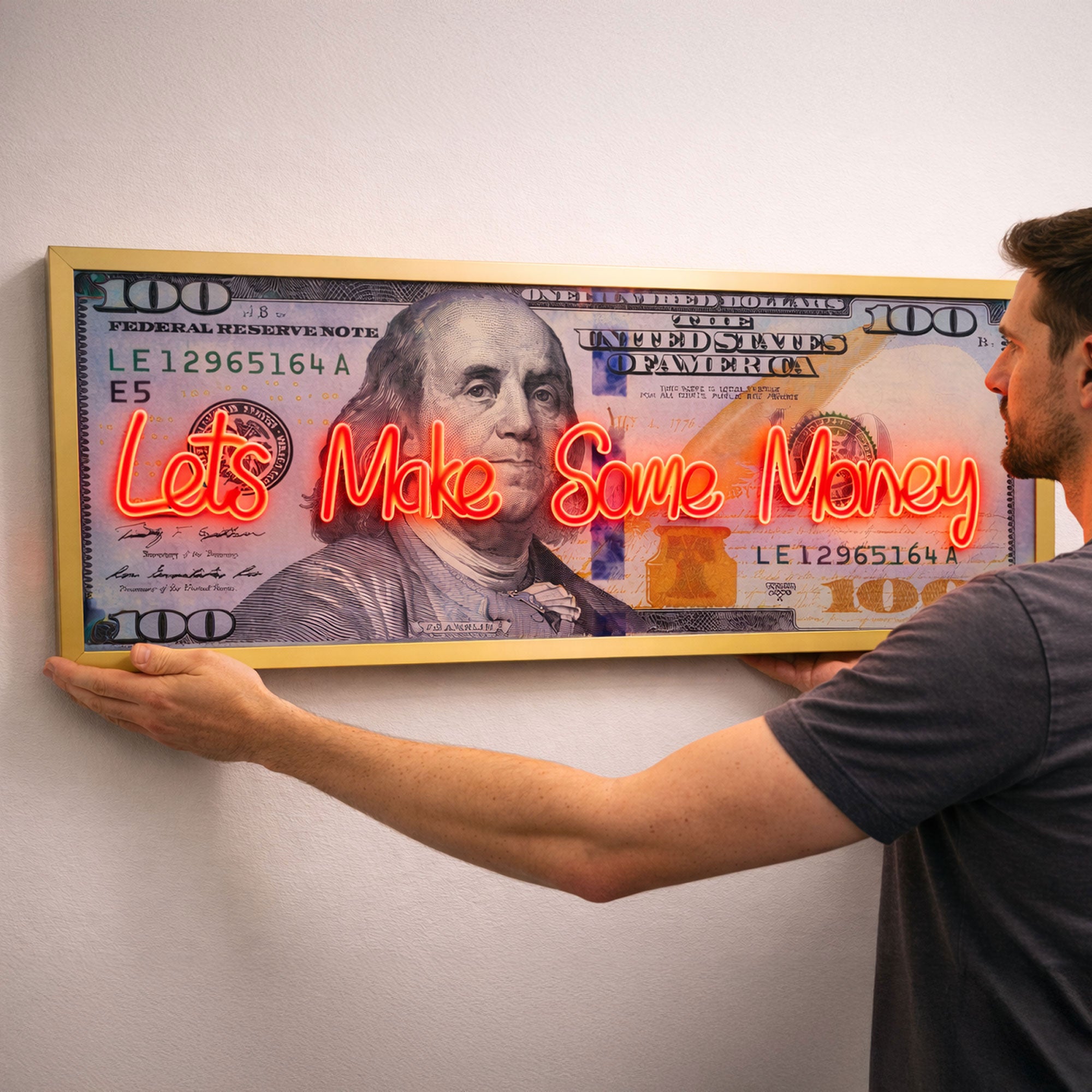 100 Dollar Bill Neon Wall Art – “Let’s Make Some Money” Motivational Decor