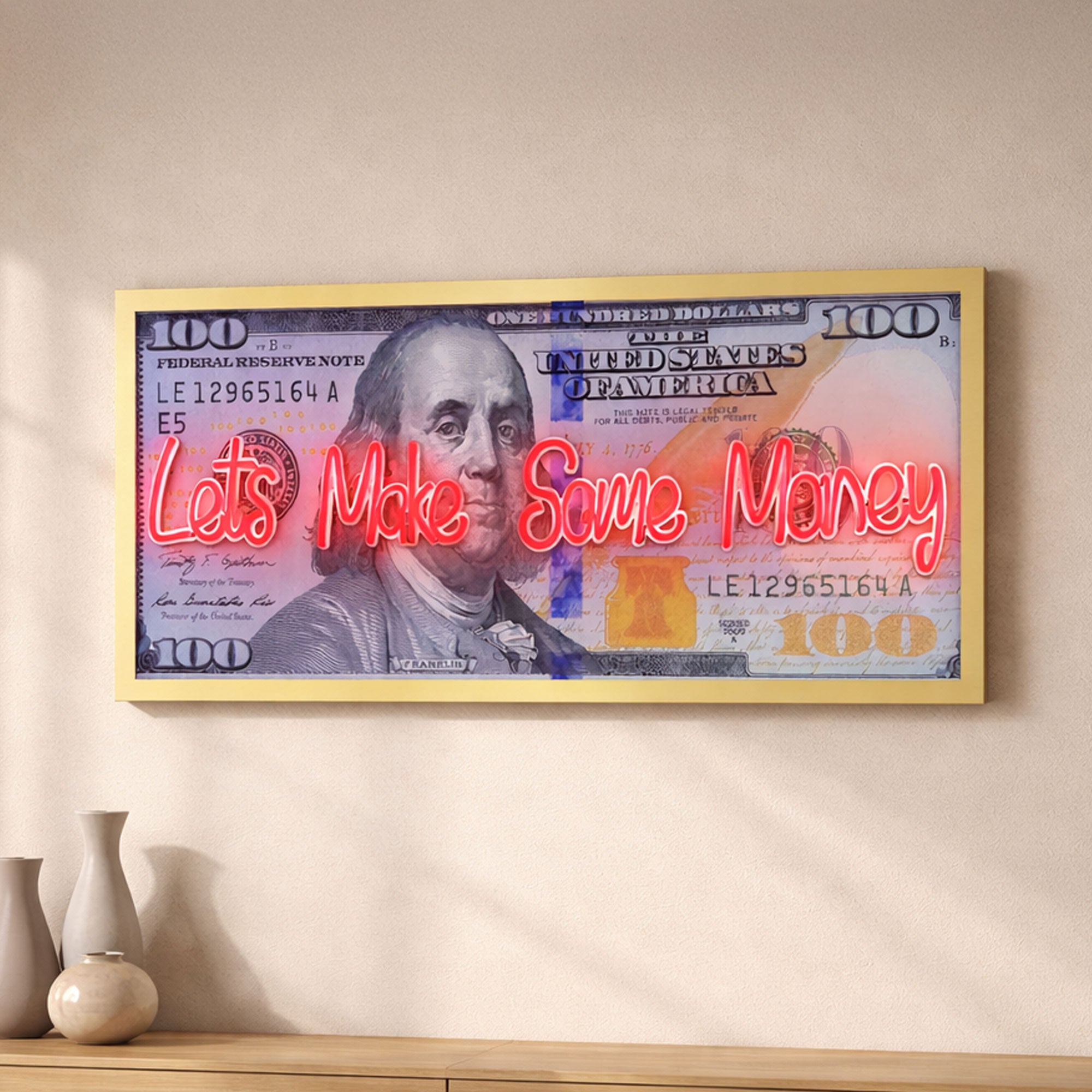 100 Dollar Bill Neon Wall Art – “Let’s Make Some Money” Motivational Decor