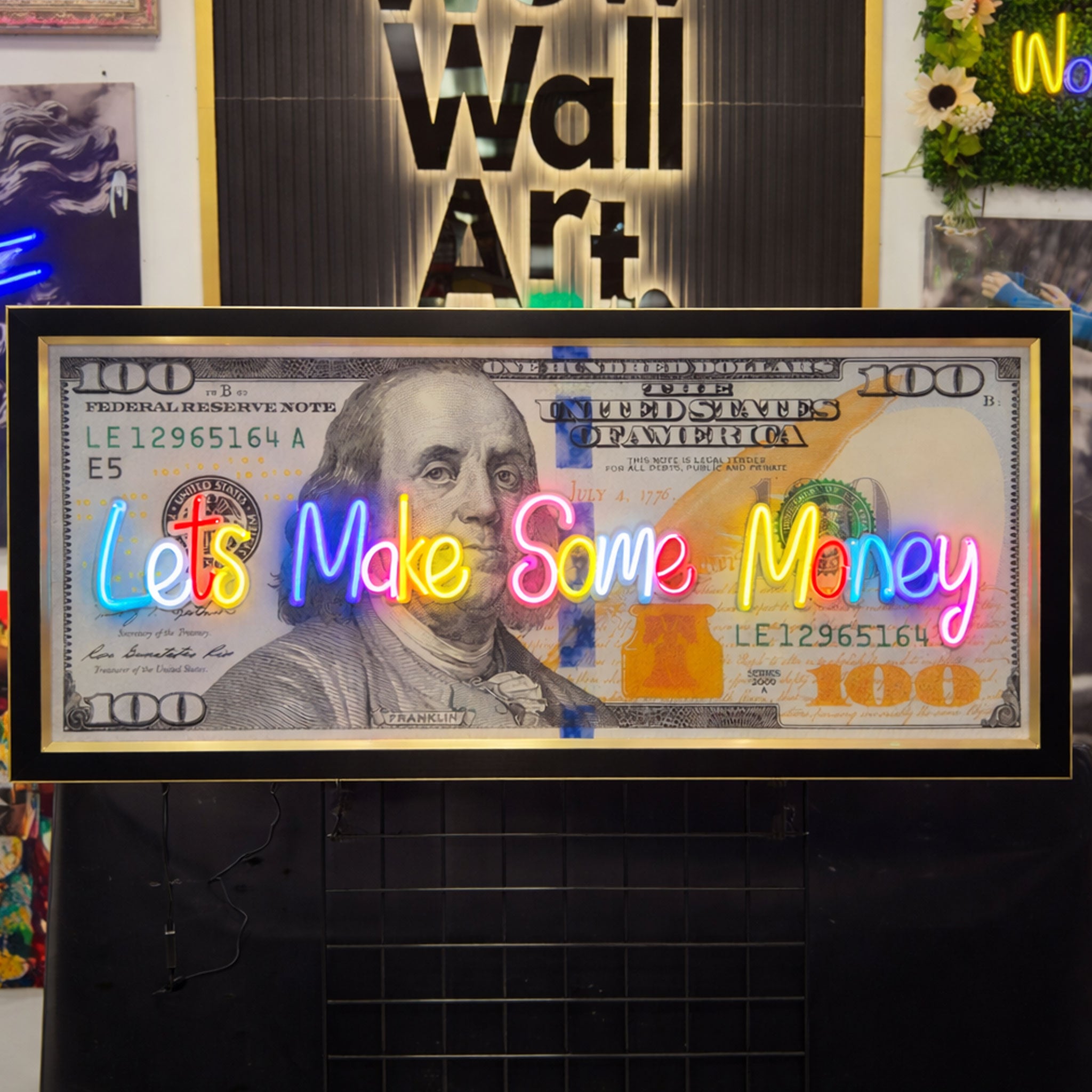 100 Dollar Bill Neon Wall Art – “Let’s Make Some Money” Motivational Decor