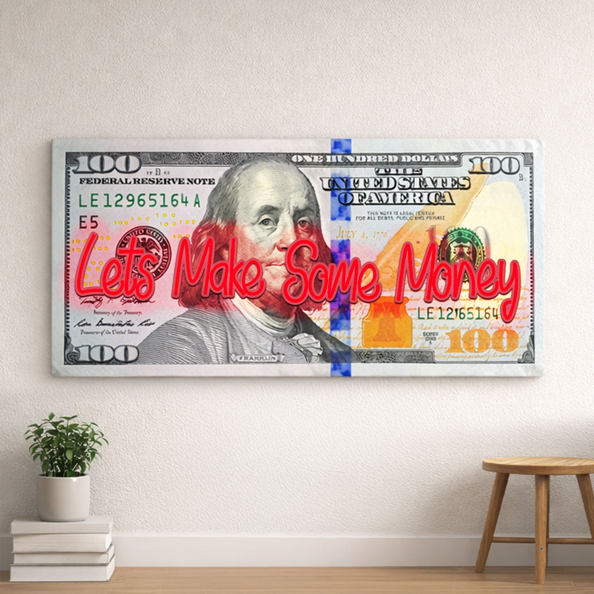 100 Dollar Bill Neon Wall Art – “Let’s Make Some Money” Motivational Decor