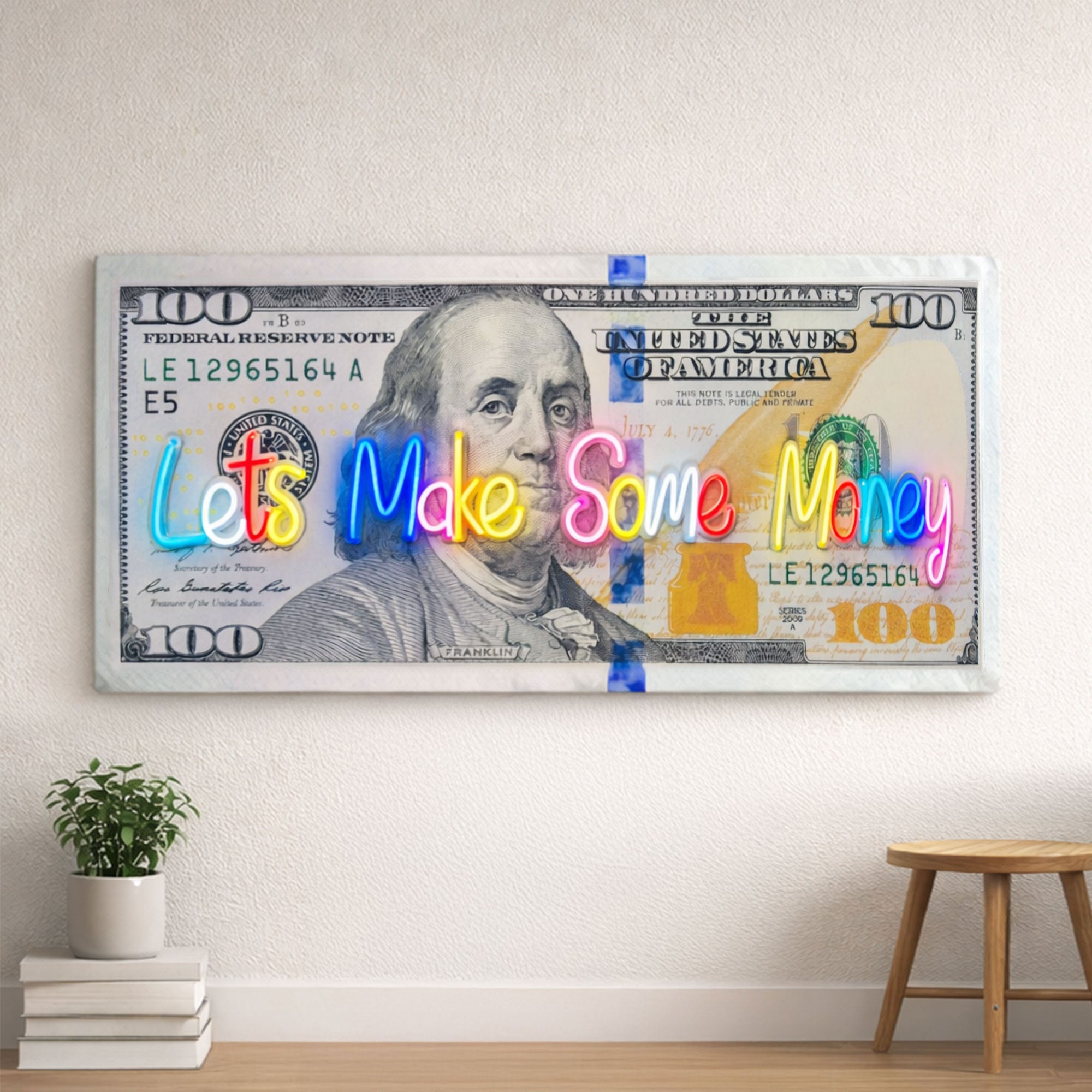 100 Dollar Bill Neon Wall Art – “Let’s Make Some Money” Motivational Decor