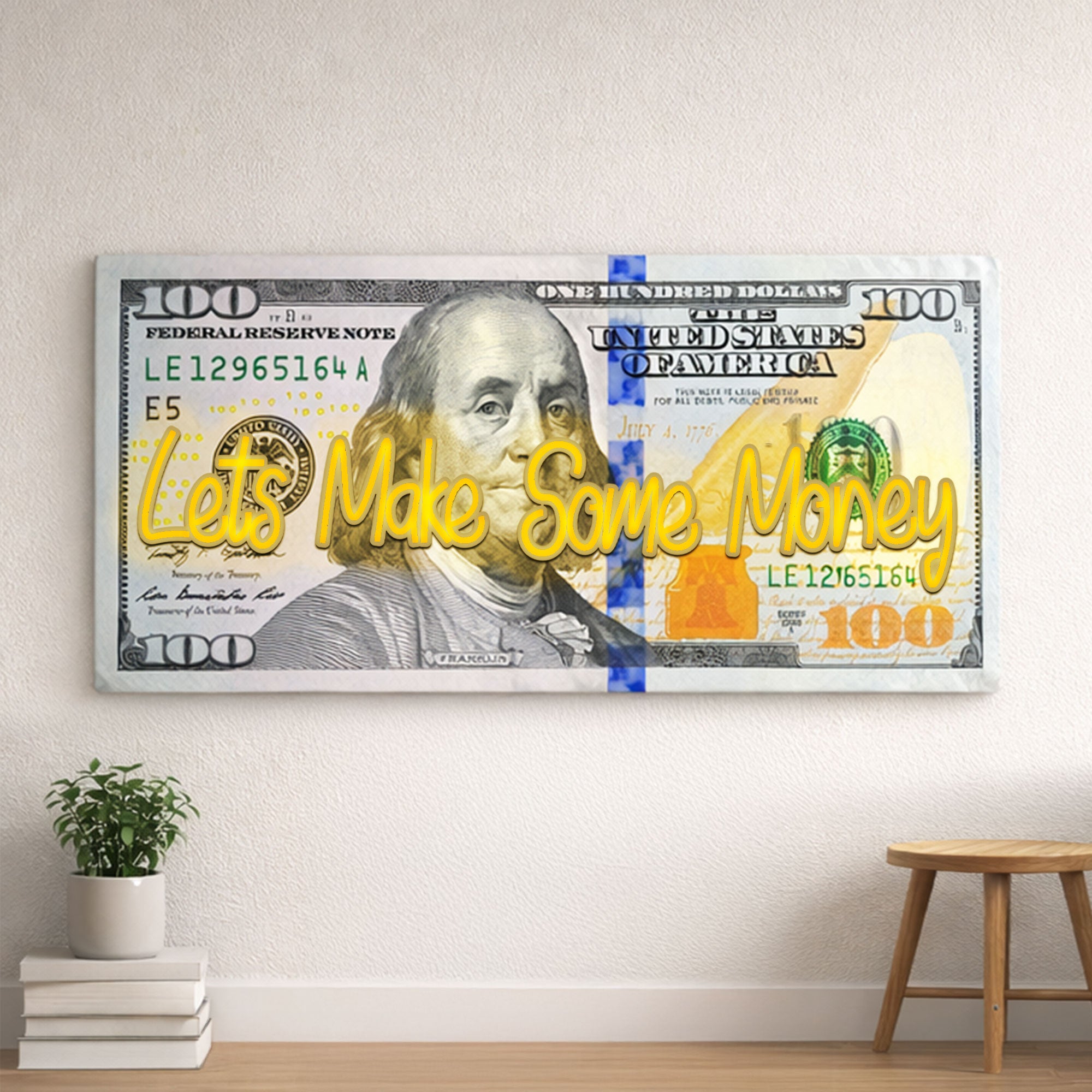100 Dollar Bill Neon Wall Art – “Let’s Make Some Money” Motivational Decor