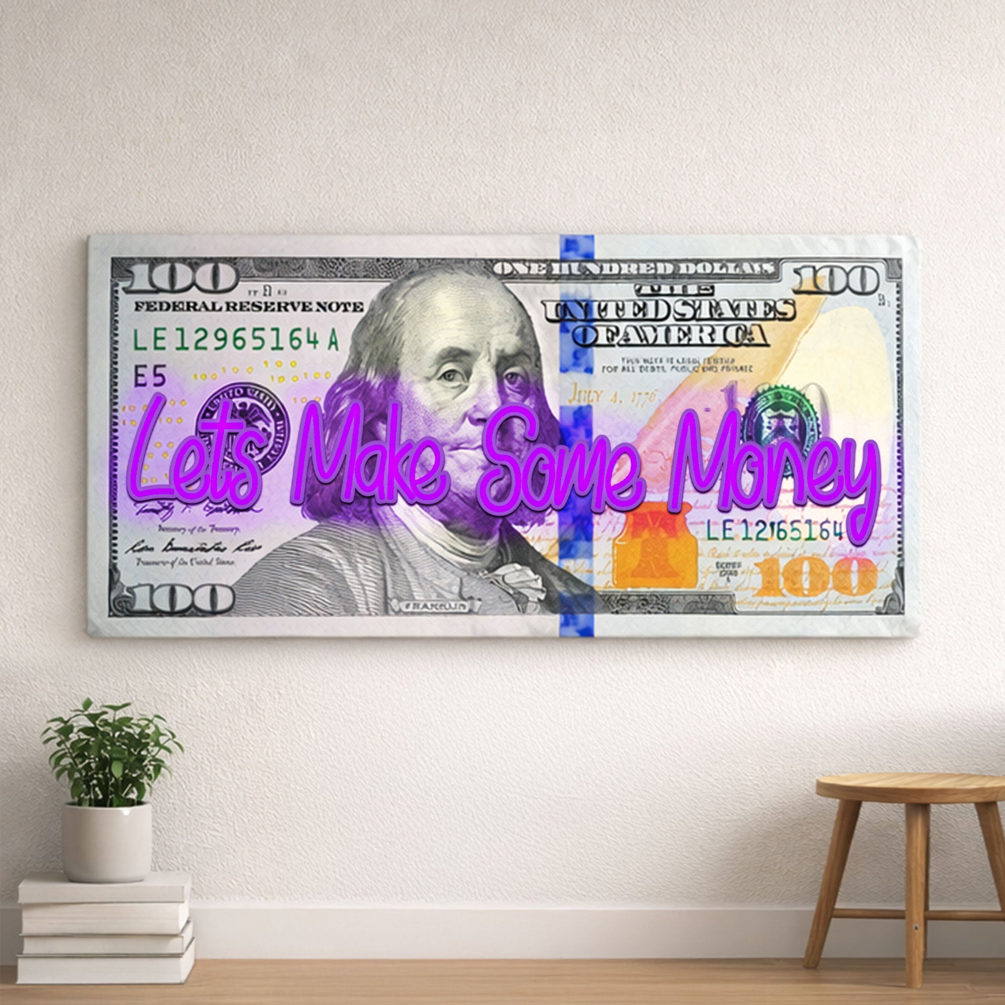 100 Dollar Bill Neon Wall Art – “Let’s Make Some Money” Motivational Decor