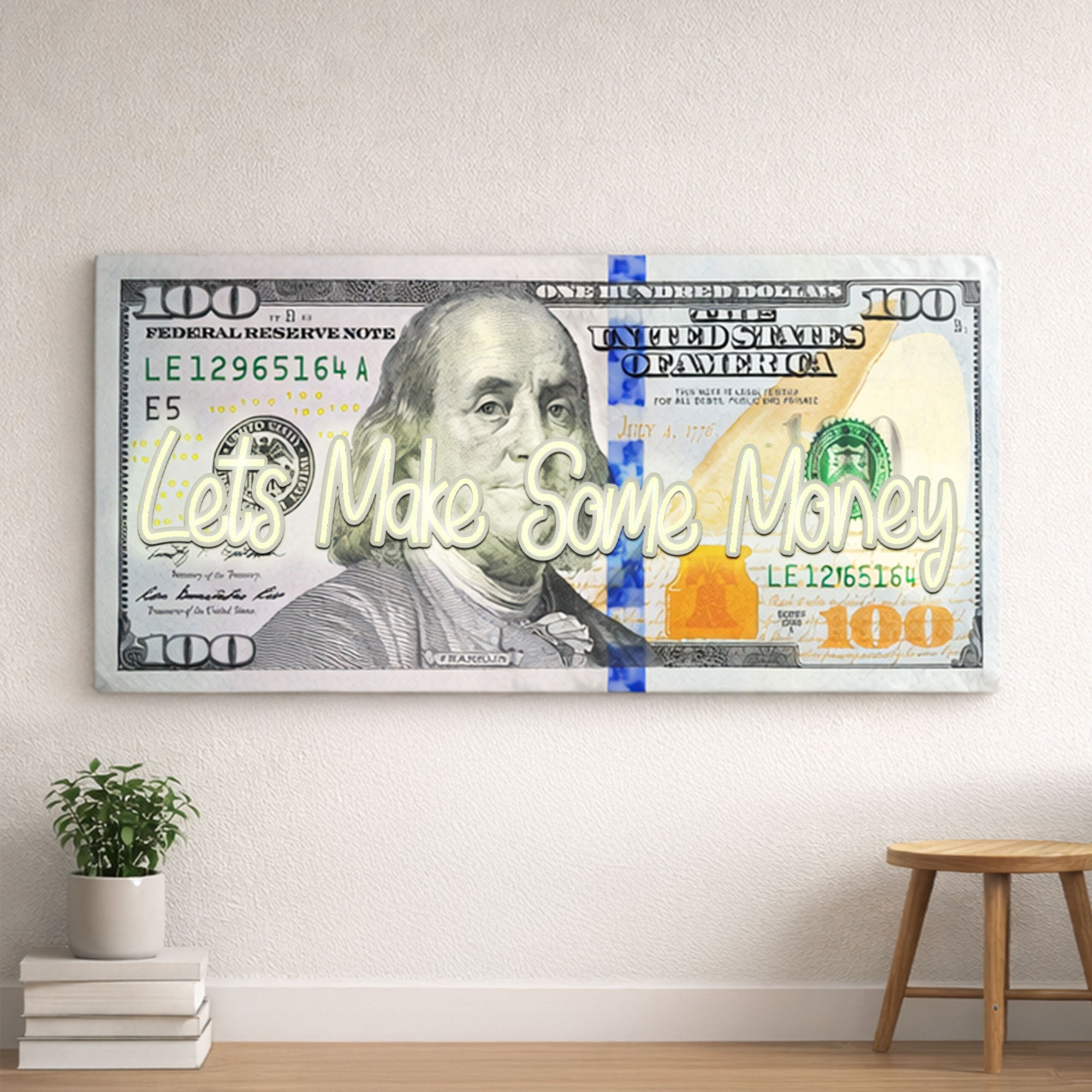 100 Dollar Bill Neon Wall Art – “Let’s Make Some Money” Motivational Decor