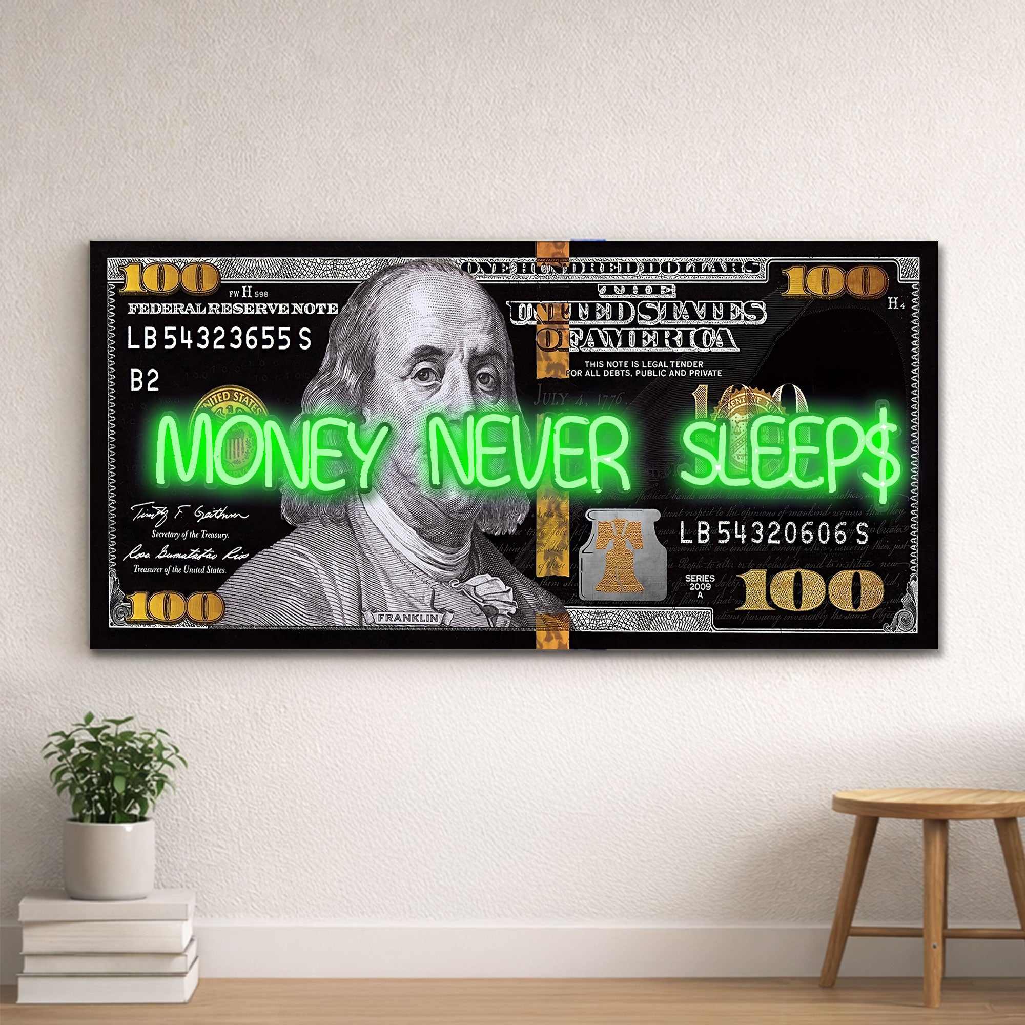 Black and Gold 100 Dollar- Money Never Sleeps Neon Light- Wall Art Decor