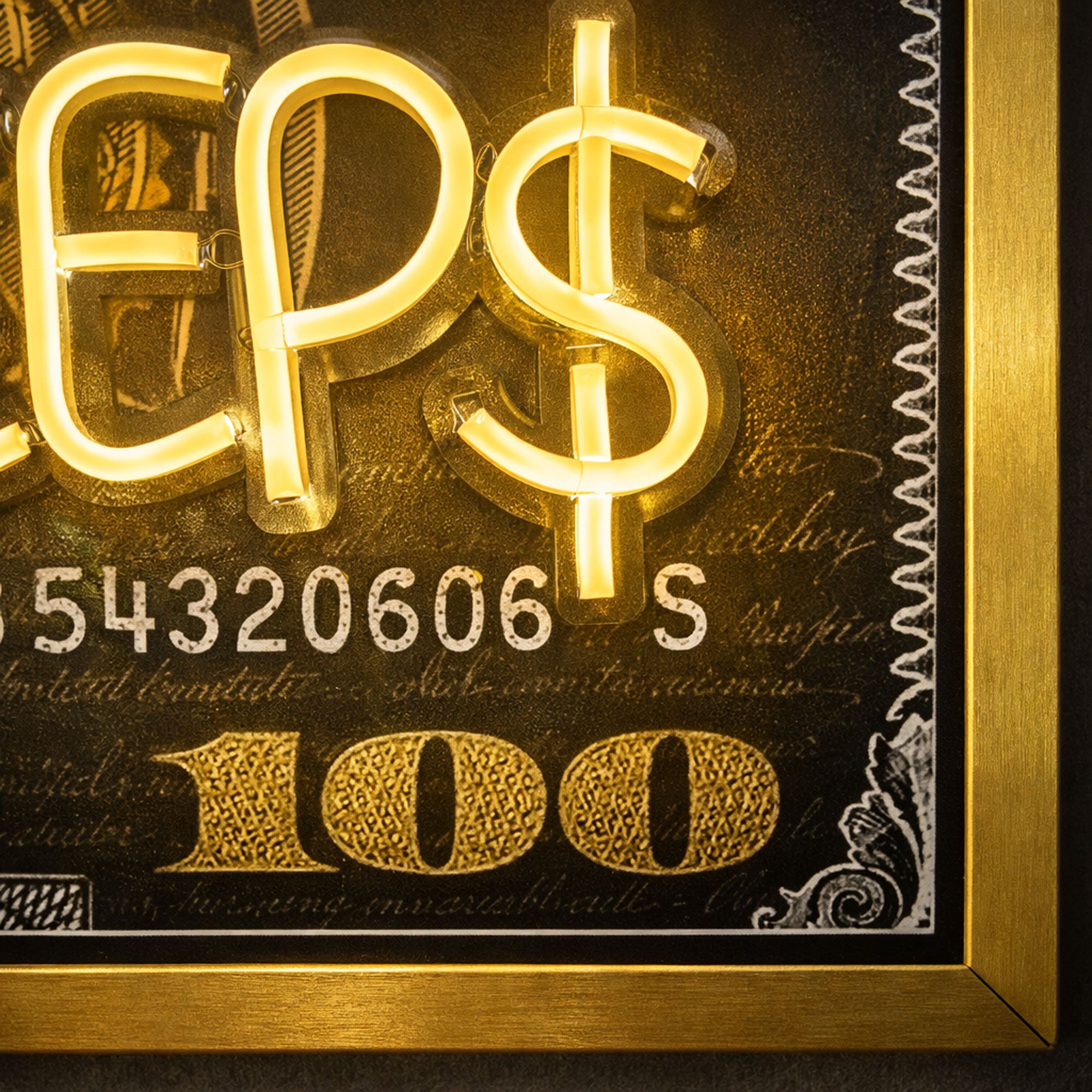 Black and Gold 100 Dollar- Money Never Sleeps Neon Light- Wall Art Decor