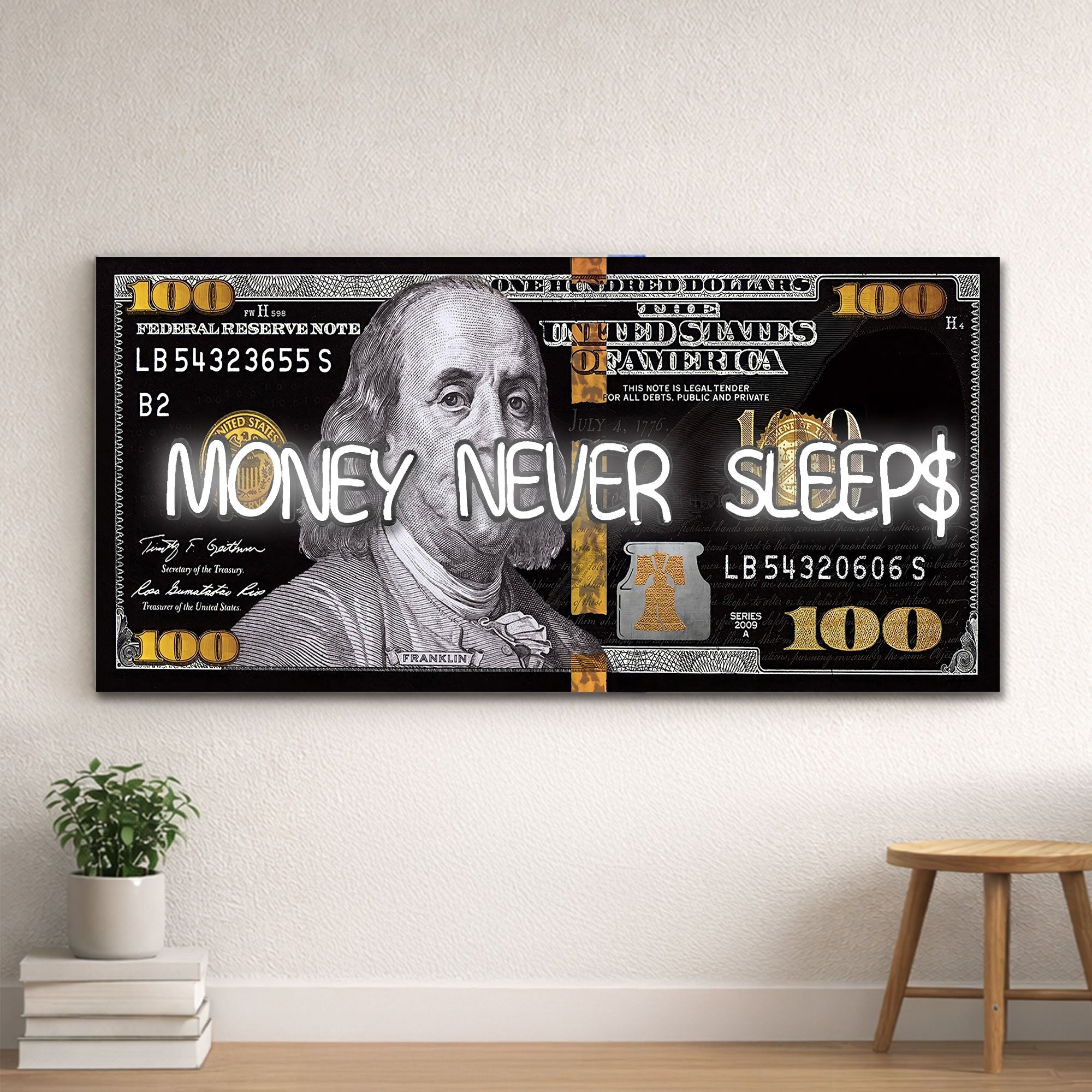 Black and Gold 100 Dollar- Money Never Sleeps Neon Light- Wall Art Decor