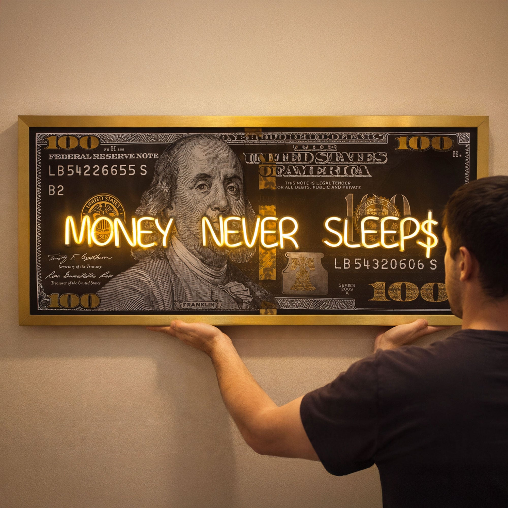 Black and Gold 100 Dollar- Money Never Sleeps Neon Light- Wall Art Decor