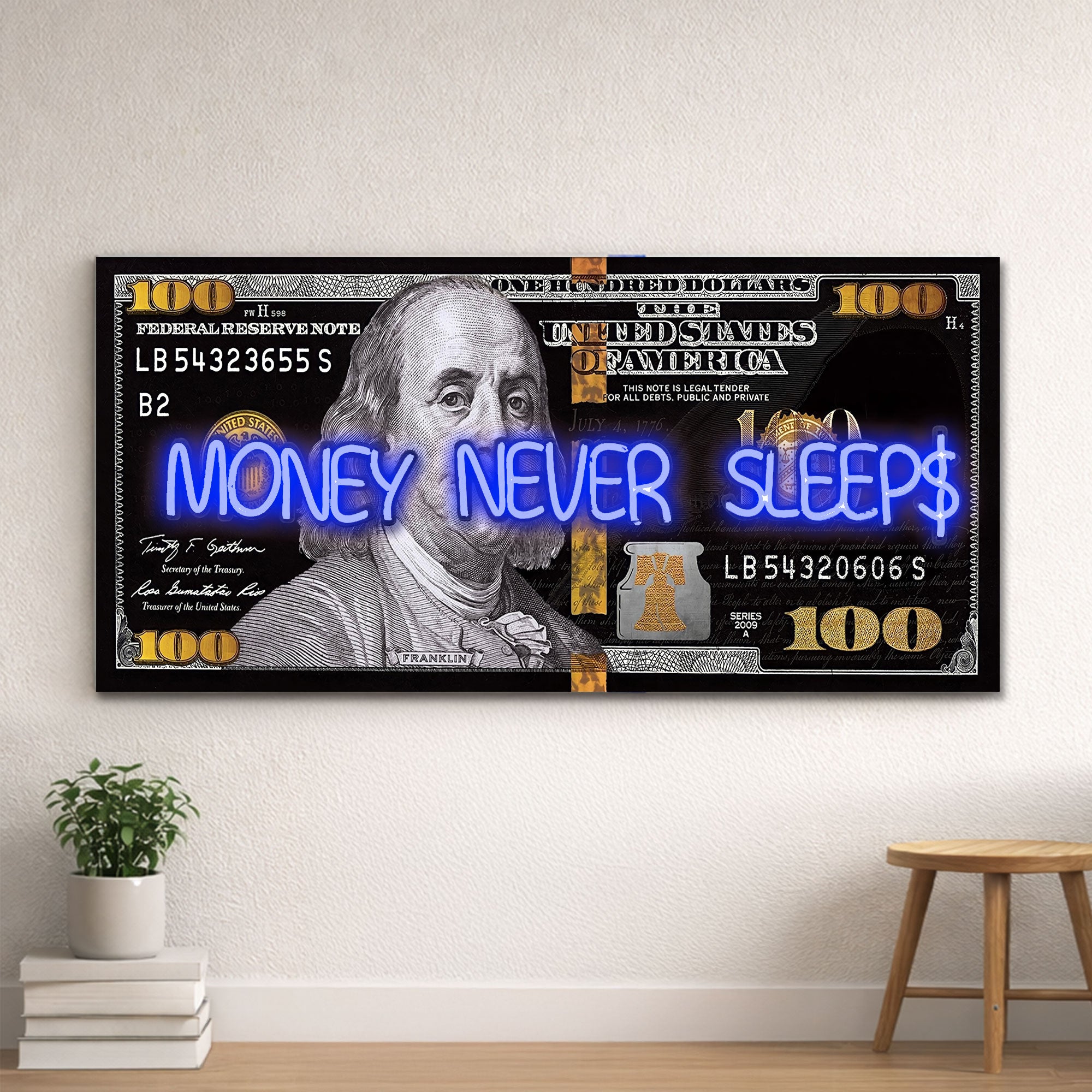 Black and Gold 100 Dollar- Money Never Sleeps Neon Light- Wall Art Decor