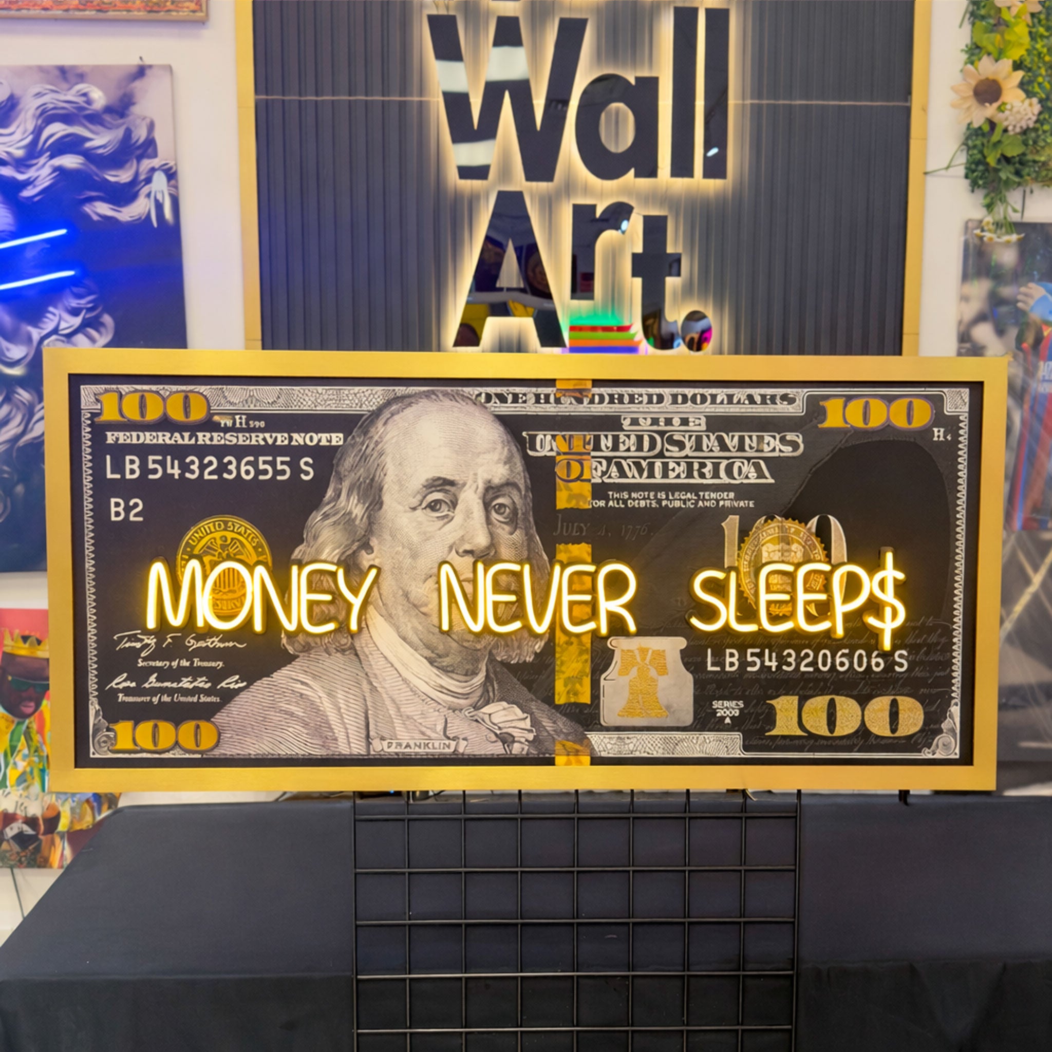 Black and Gold 100 Dollar- Money Never Sleeps Neon Light- Wall Art Decor