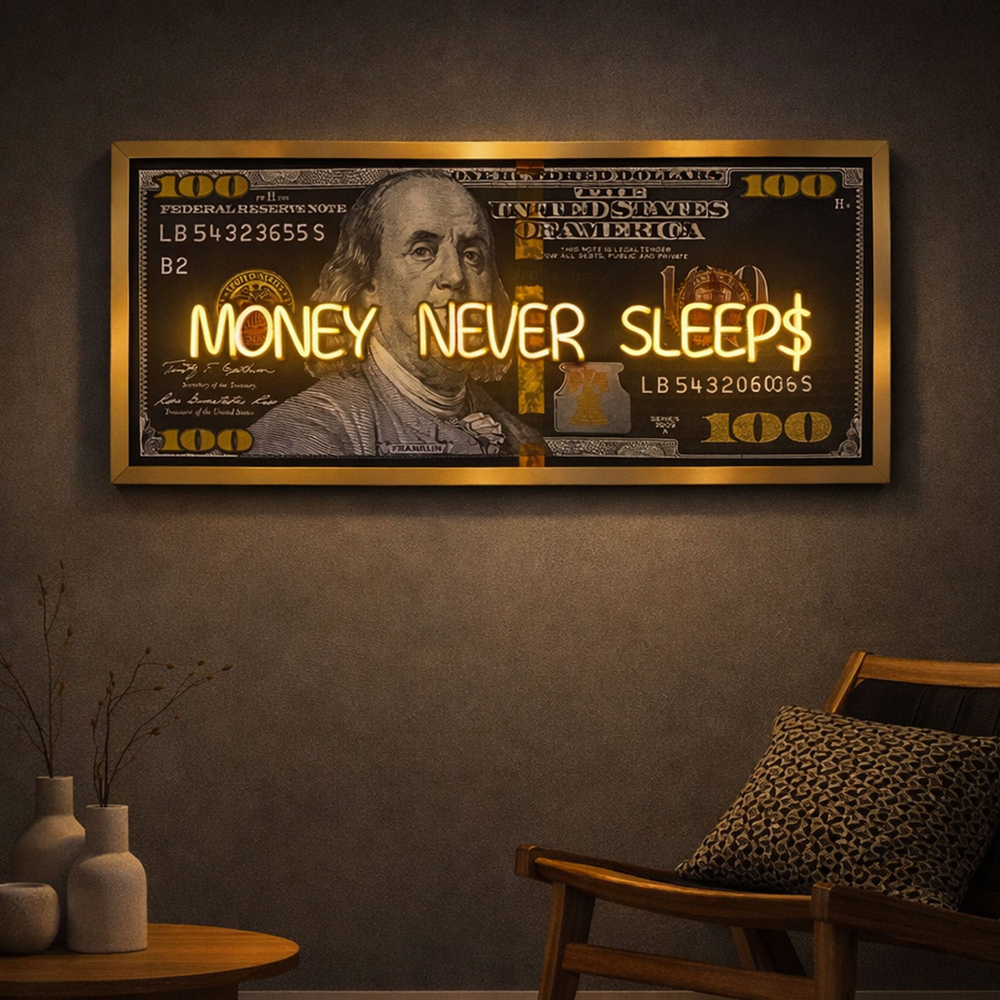 Black and Gold 100 Dollar- Money Never Sleeps Neon Light- Wall Art Decor