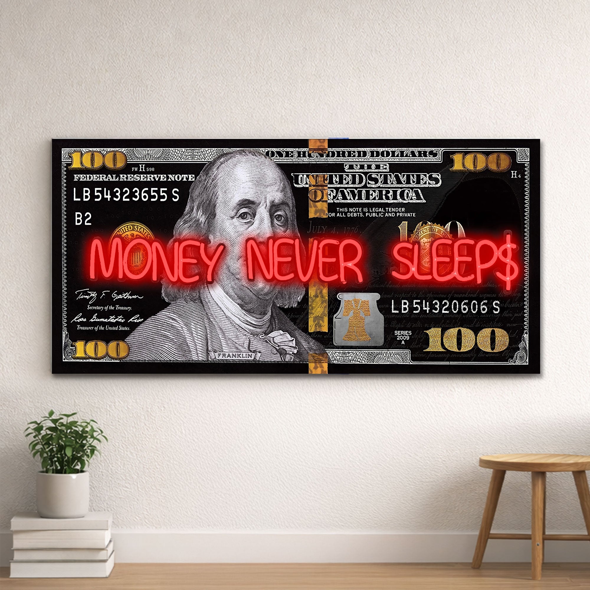 Black and Gold 100 Dollar- Money Never Sleeps Neon Light- Wall Art Decor