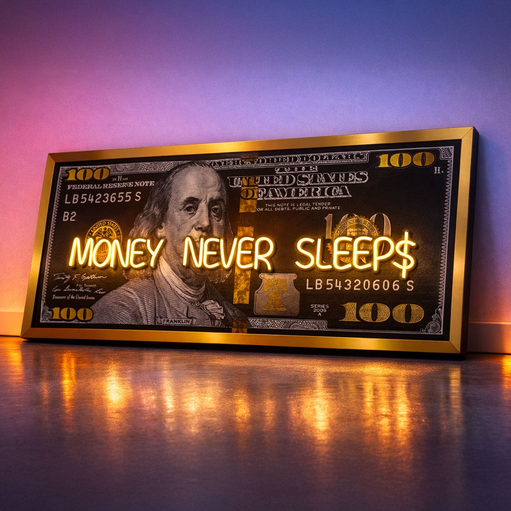 Black and Gold 100 Dollar- Money Never Sleeps Neon Light- Wall Art Decor