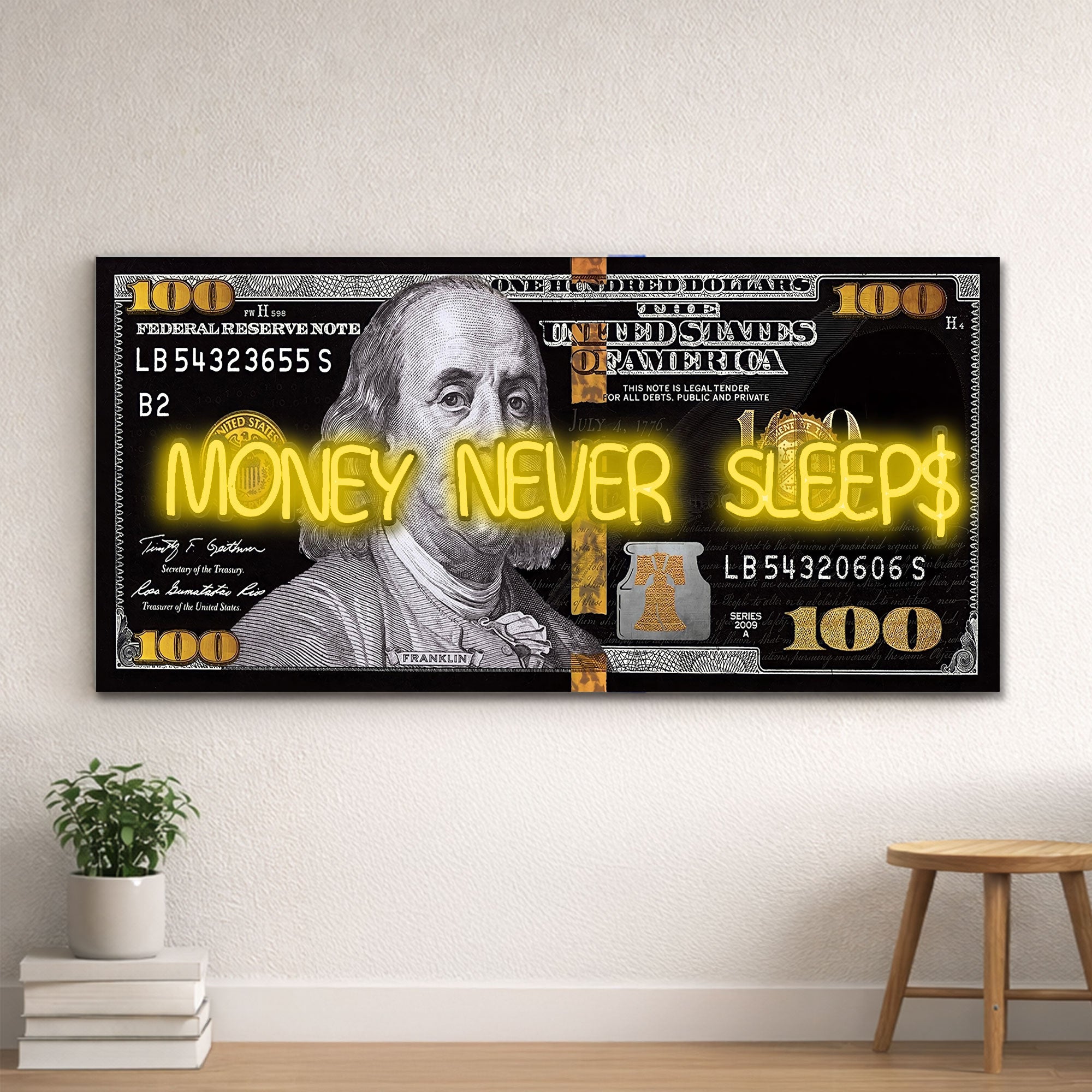 Black and Gold 100 Dollar- Money Never Sleeps Neon Light- Wall Art Decor