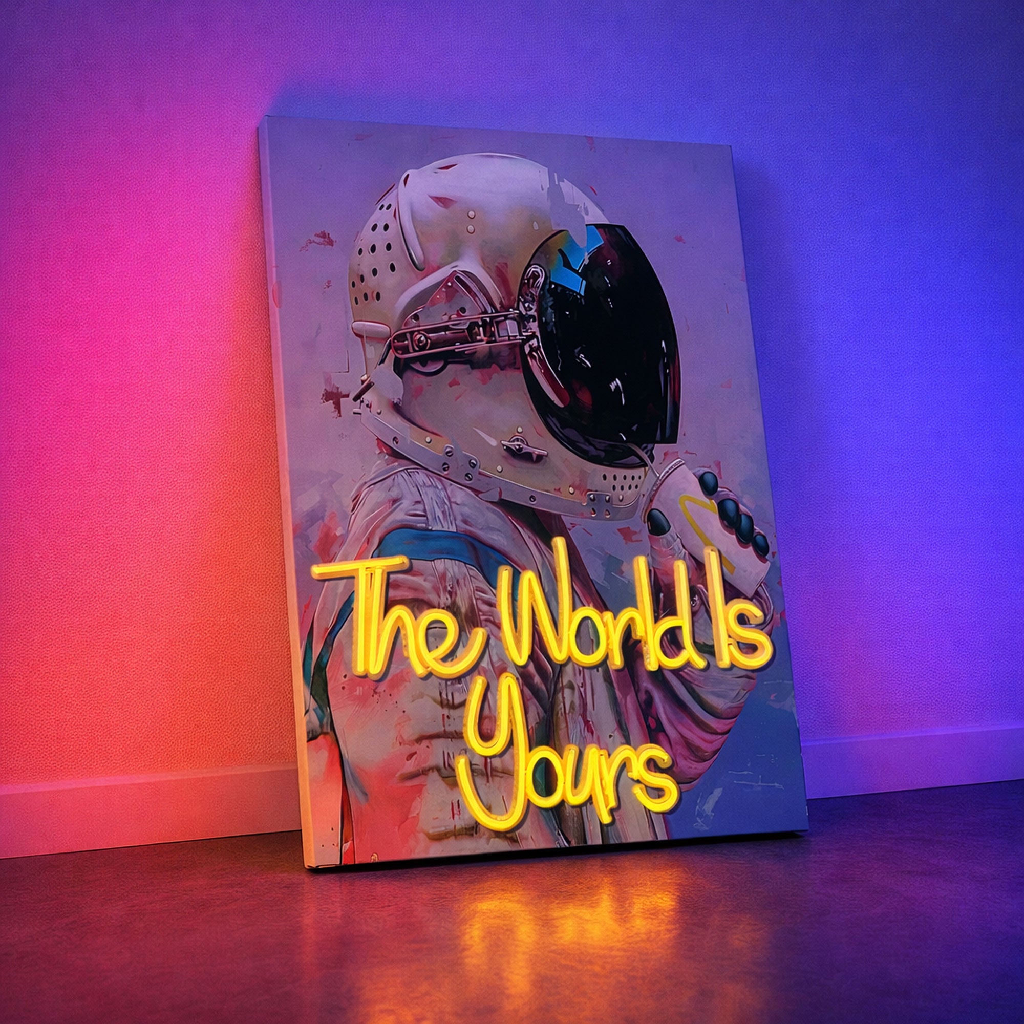Astronaut Neon Wall Art – “The World Is Yours” Space Design