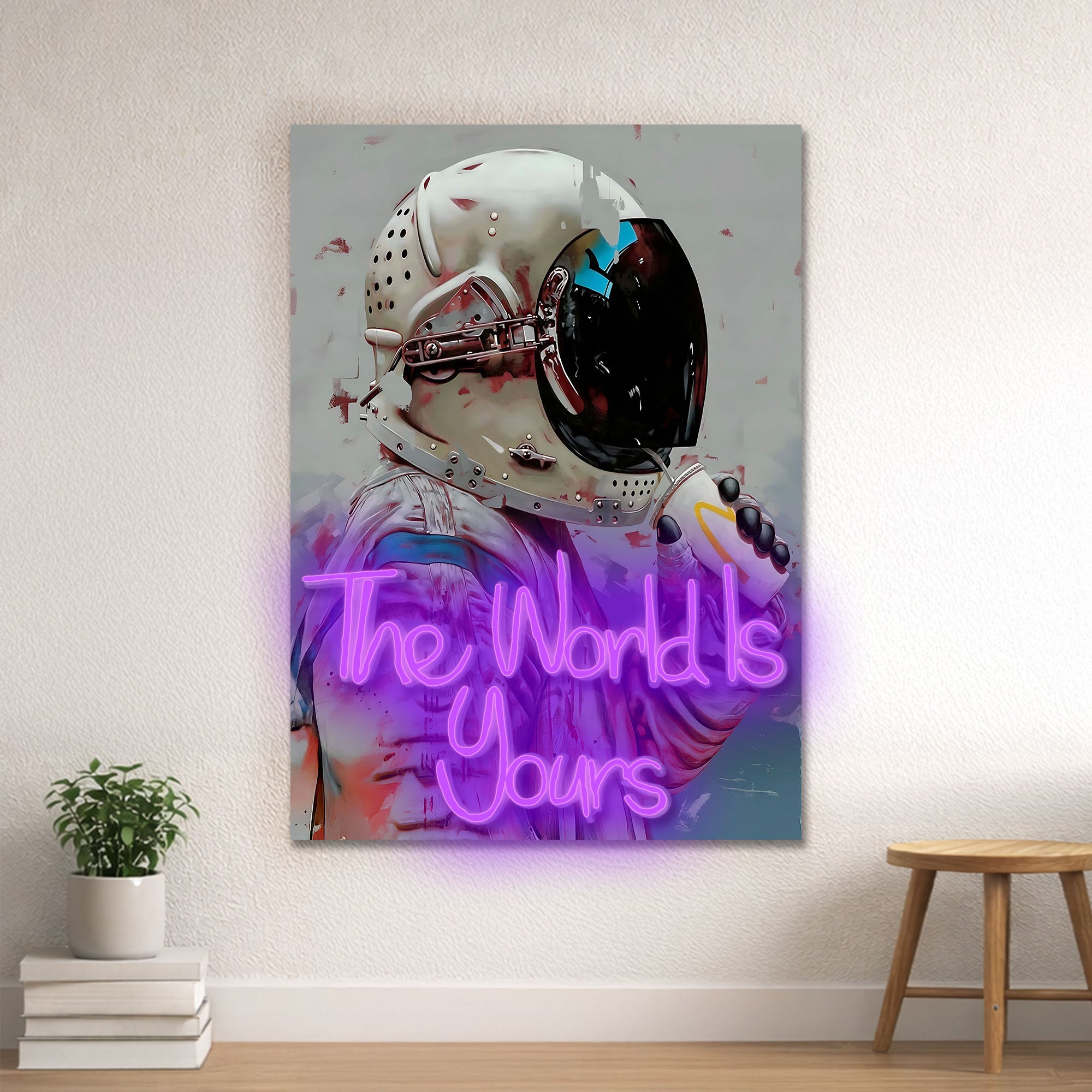 Astronaut Neon Wall Art – “The World Is Yours” Space Design