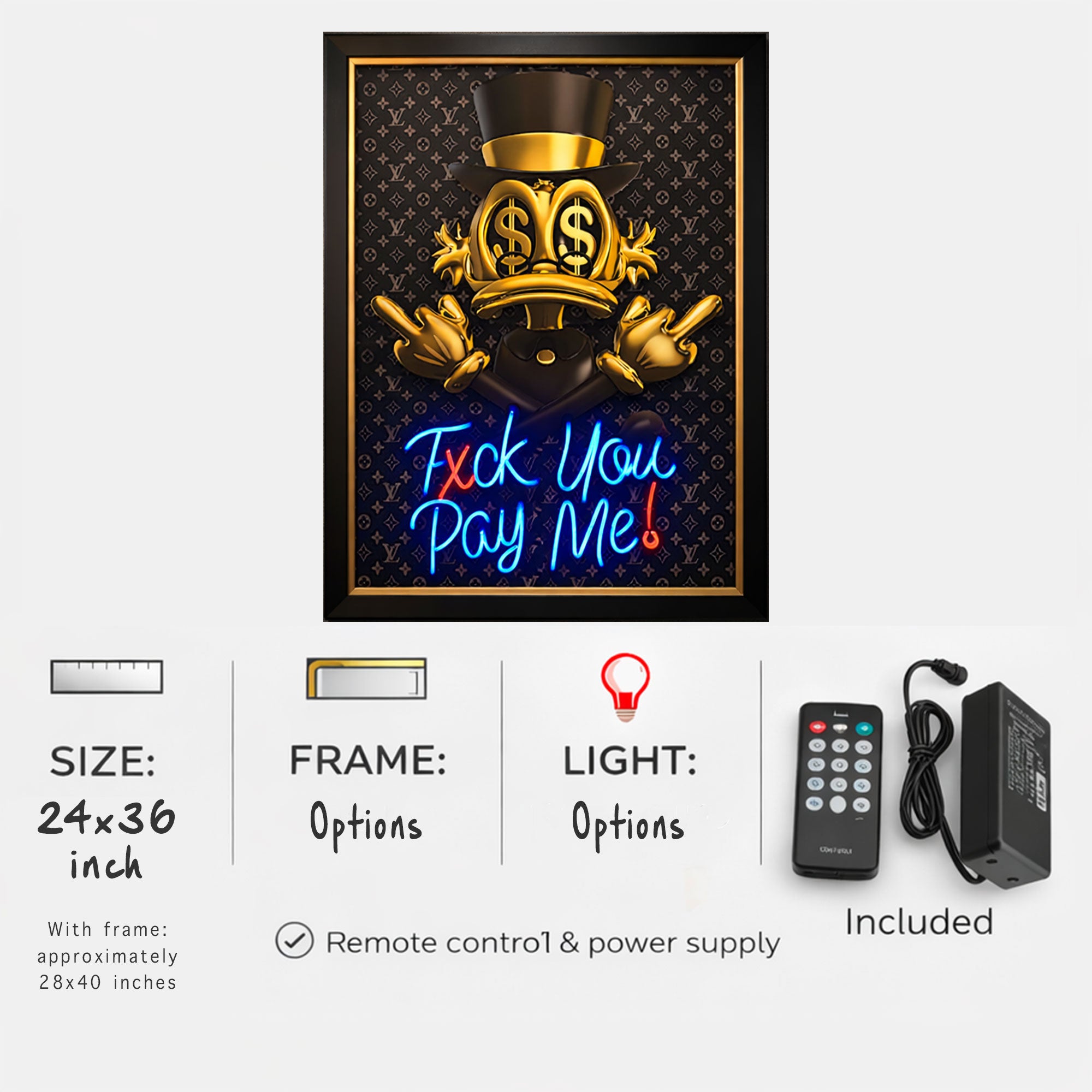 Donald Duck Scrooge – Gold Black Neon Wall Art “F* You Pay Me”