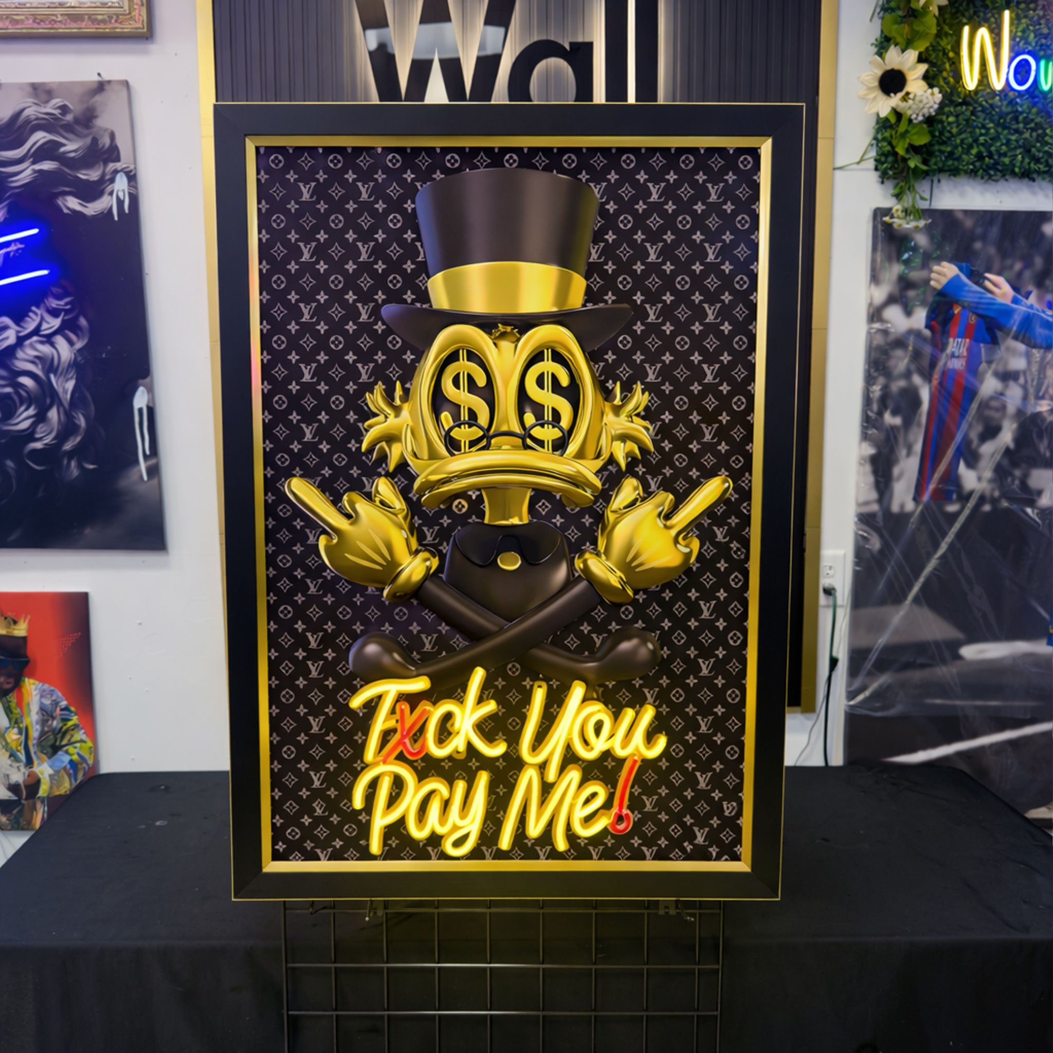 Donald Duck Scrooge – Gold Black Neon Wall Art “F* You Pay Me”