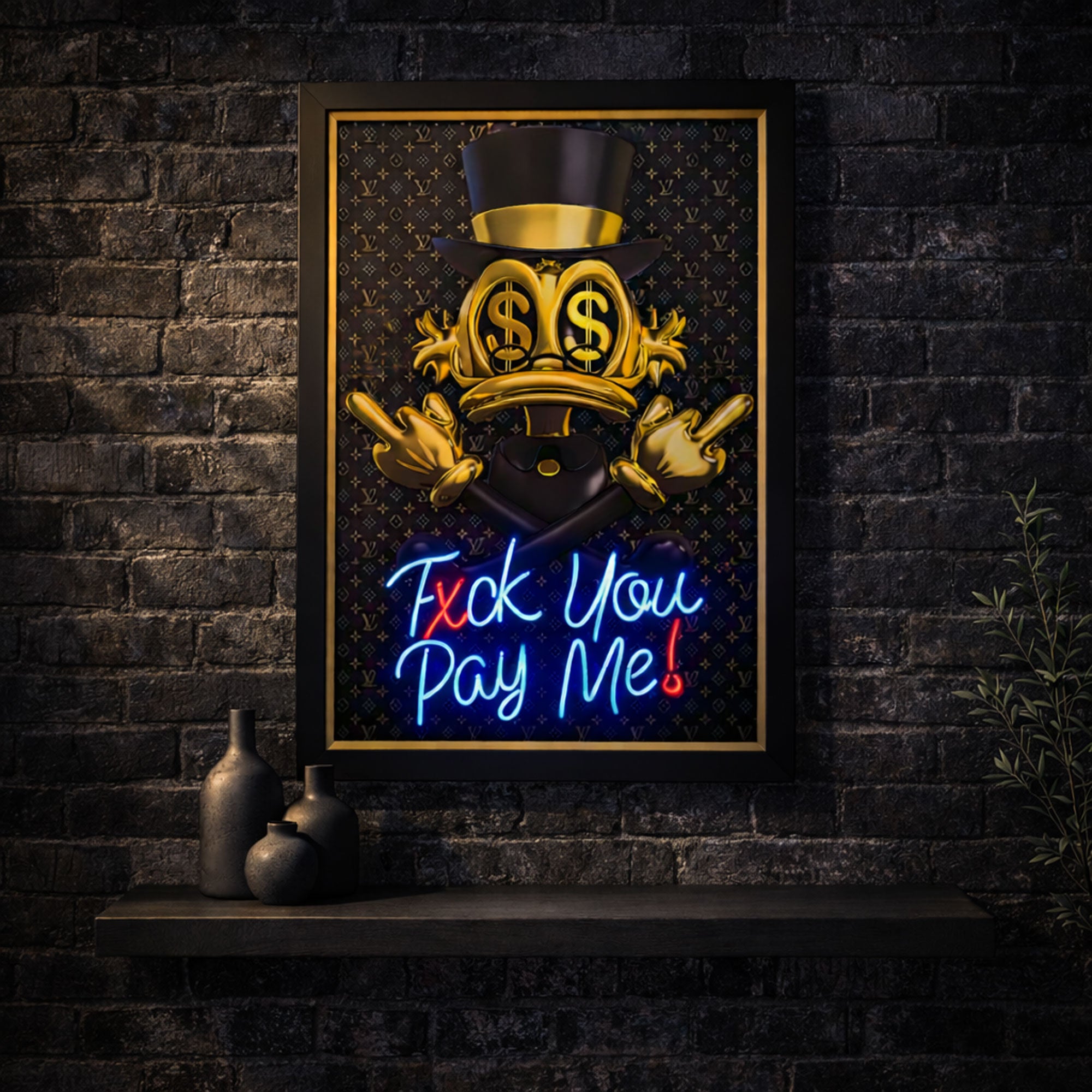 Donald Duck Scrooge – Gold Black Neon Wall Art “F* You Pay Me”