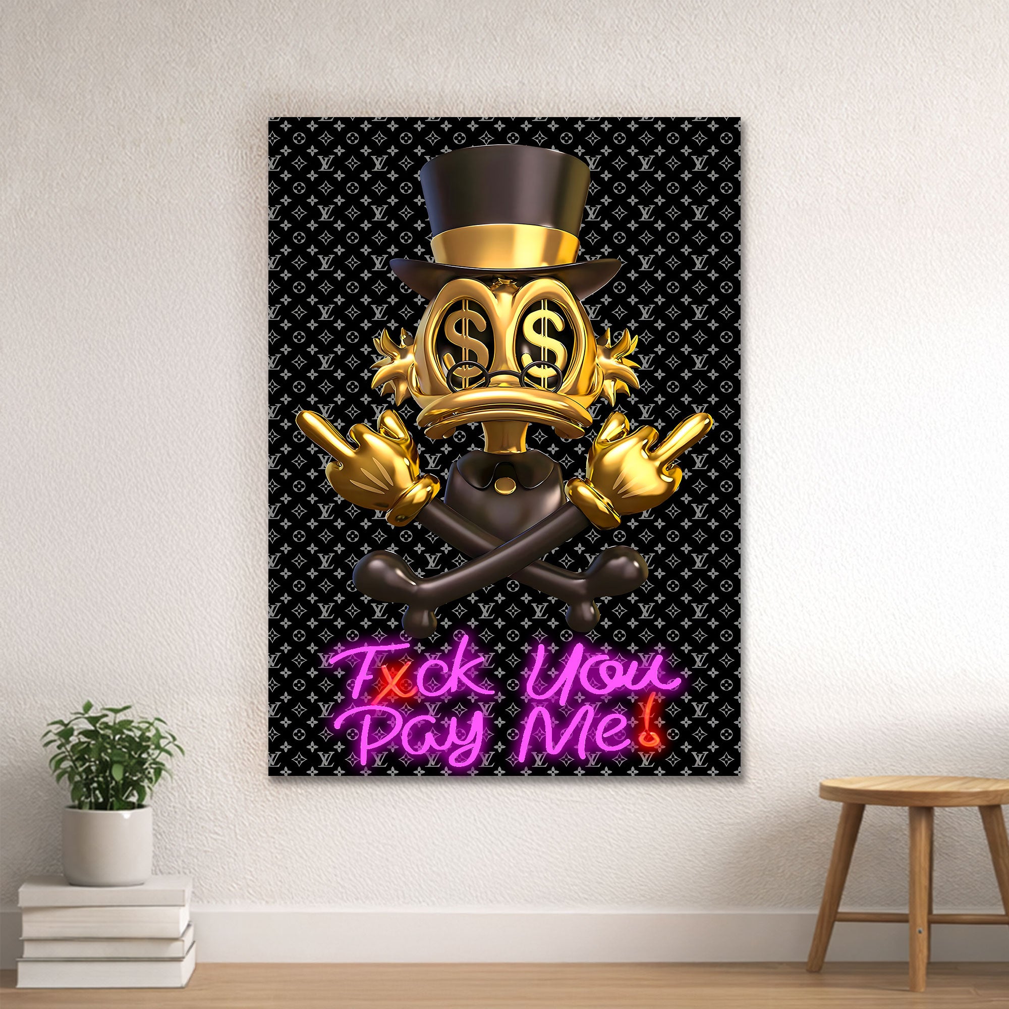 Donald Duck Scrooge – Gold Black Neon Wall Art “F* You Pay Me”