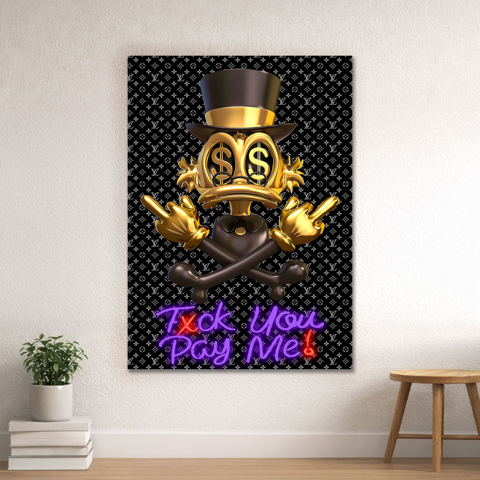 Donald Duck Scrooge – Gold Black Neon Wall Art “F* You Pay Me”