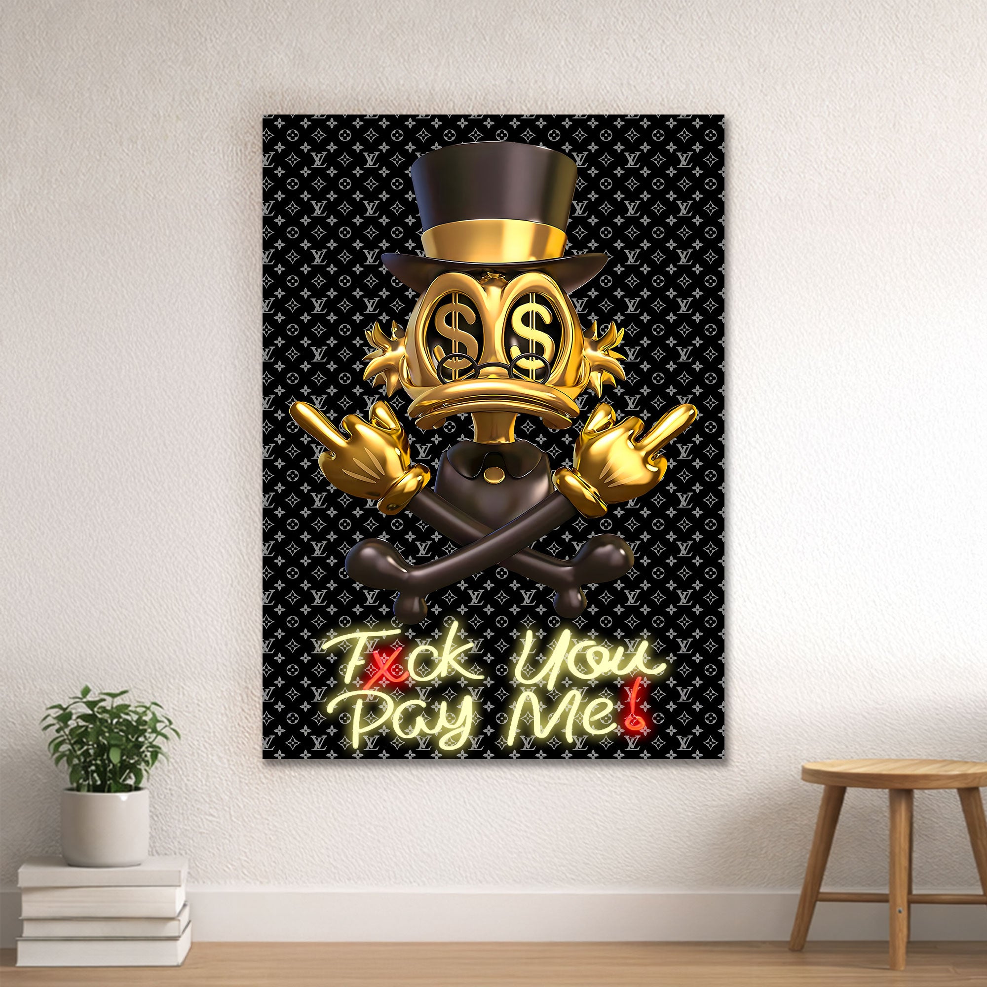 Donald Duck Scrooge – Gold Black Neon Wall Art “F* You Pay Me”