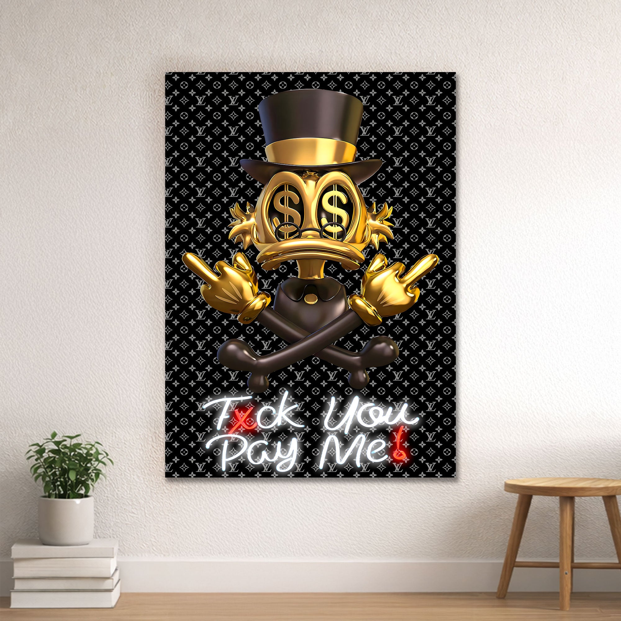 Donald Duck Scrooge – Gold Black Neon Wall Art “F* You Pay Me”