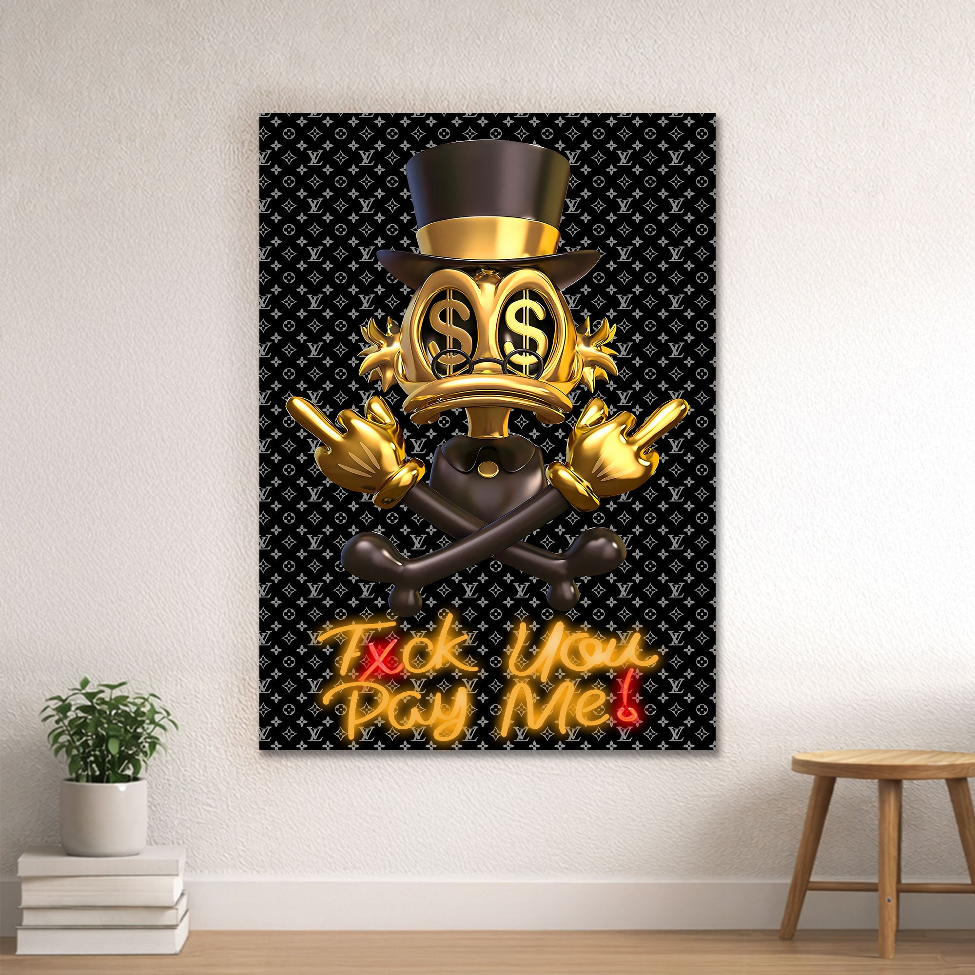 Donald Duck Scrooge – Gold Black Neon Wall Art “F* You Pay Me”