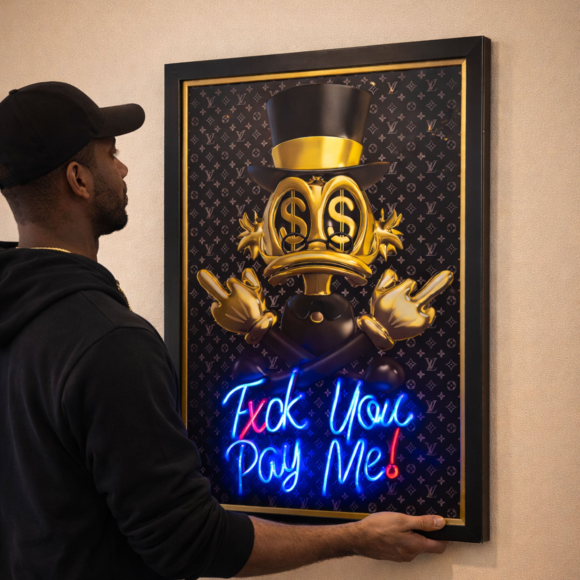 Donald Duck Scrooge – Gold Black Neon Wall Art “F* You Pay Me”