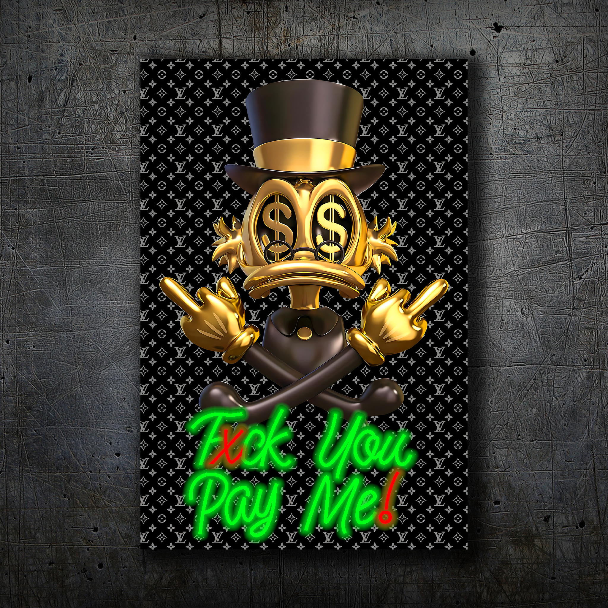 Donald Duck Scrooge – Gold Black Neon Wall Art “F* You Pay Me”
