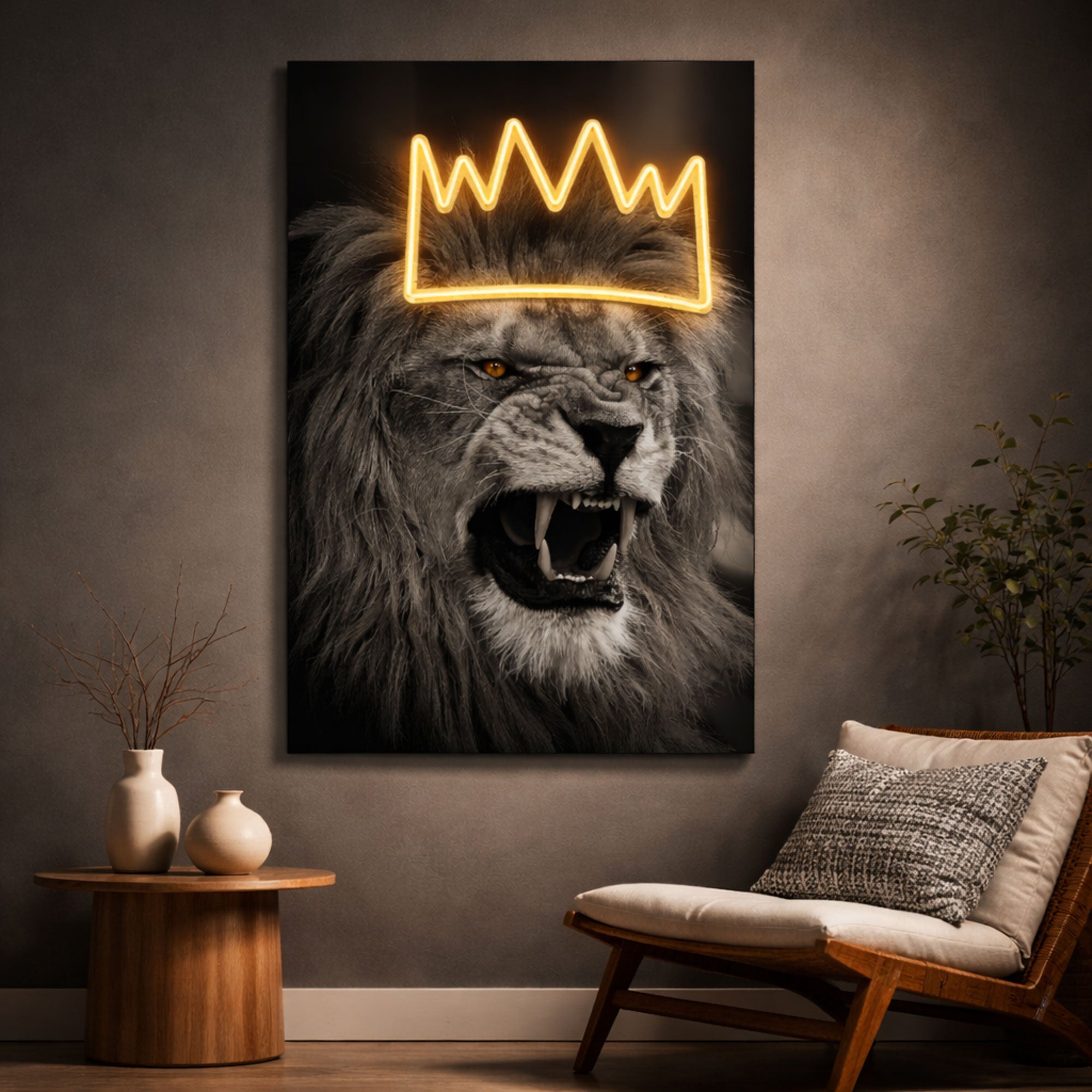 Lion Crown Neon Wall Art – Black & White Design