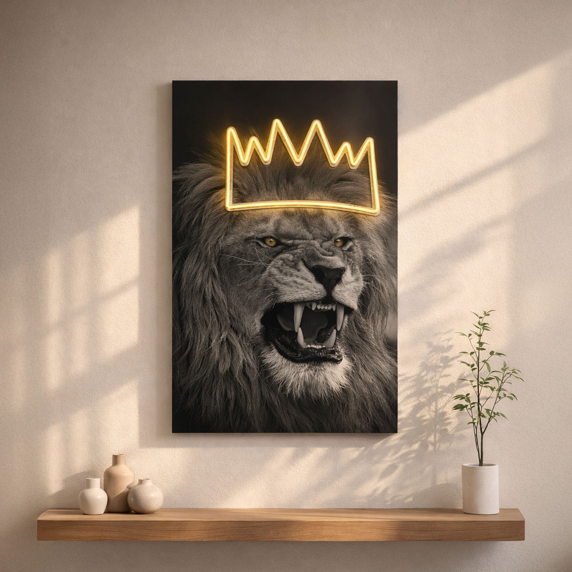 Lion Crown Neon Wall Art – Black & White Design