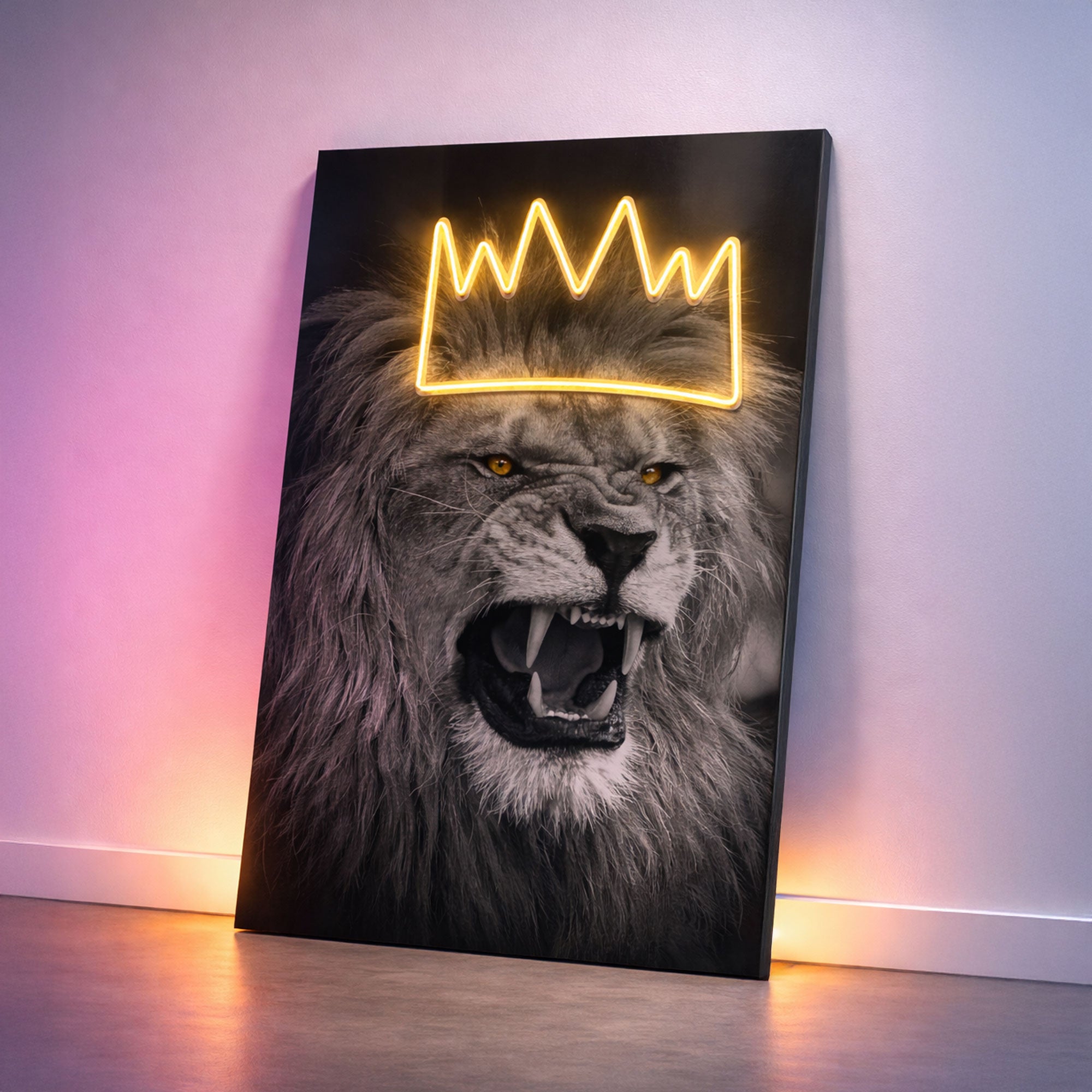Lion Crown Neon Wall Art – Black & White Design