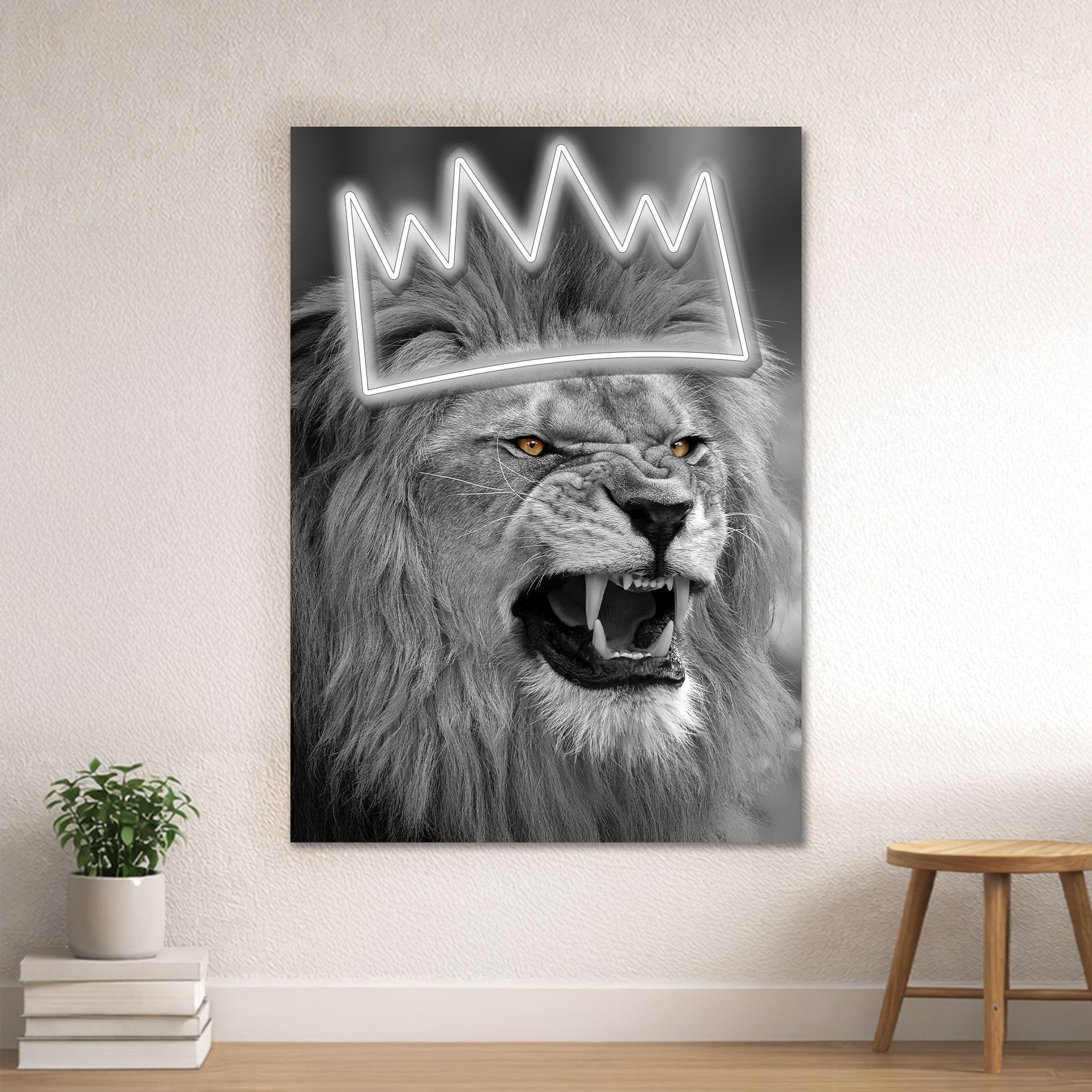 Lion Crown Neon Wall Art – Black & White Design