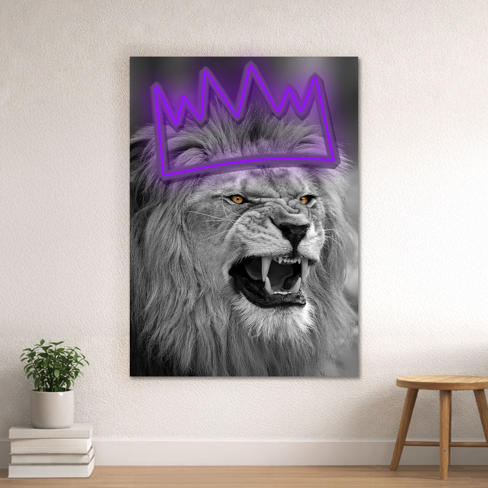 Lion Crown Neon Wall Art – Black & White Design