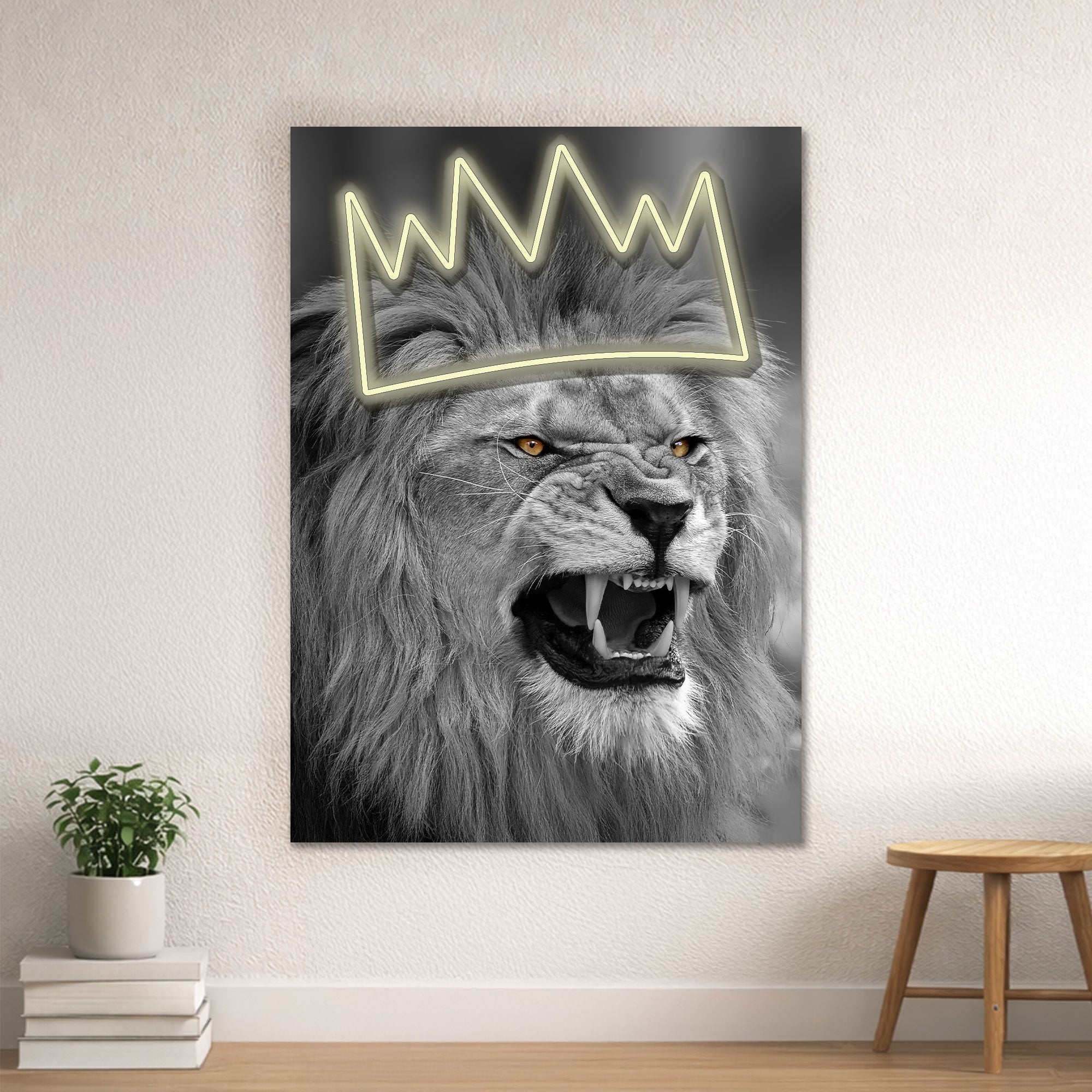 Lion Crown Neon Wall Art – Black & White Design