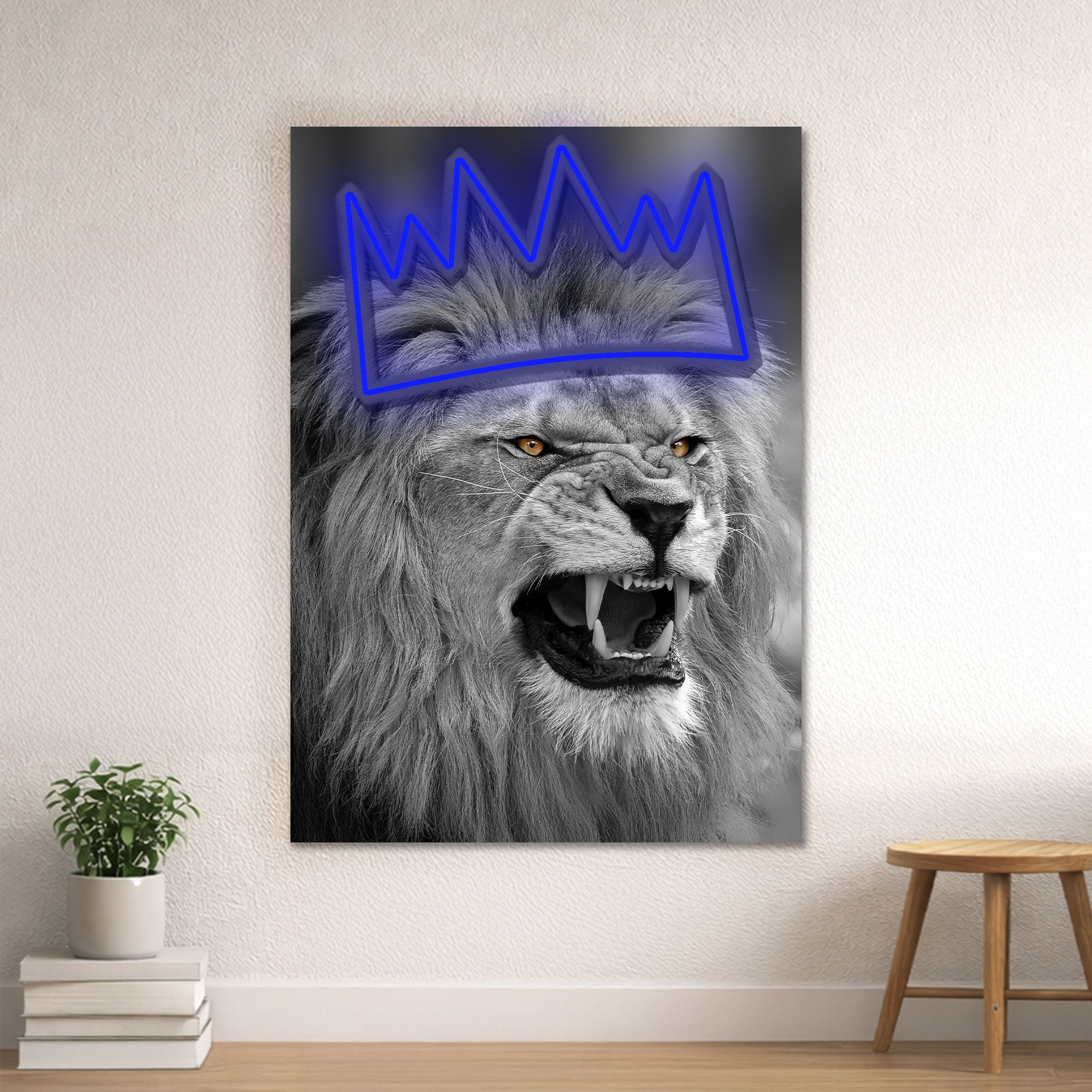 Lion Crown Neon Wall Art – Black & White Design