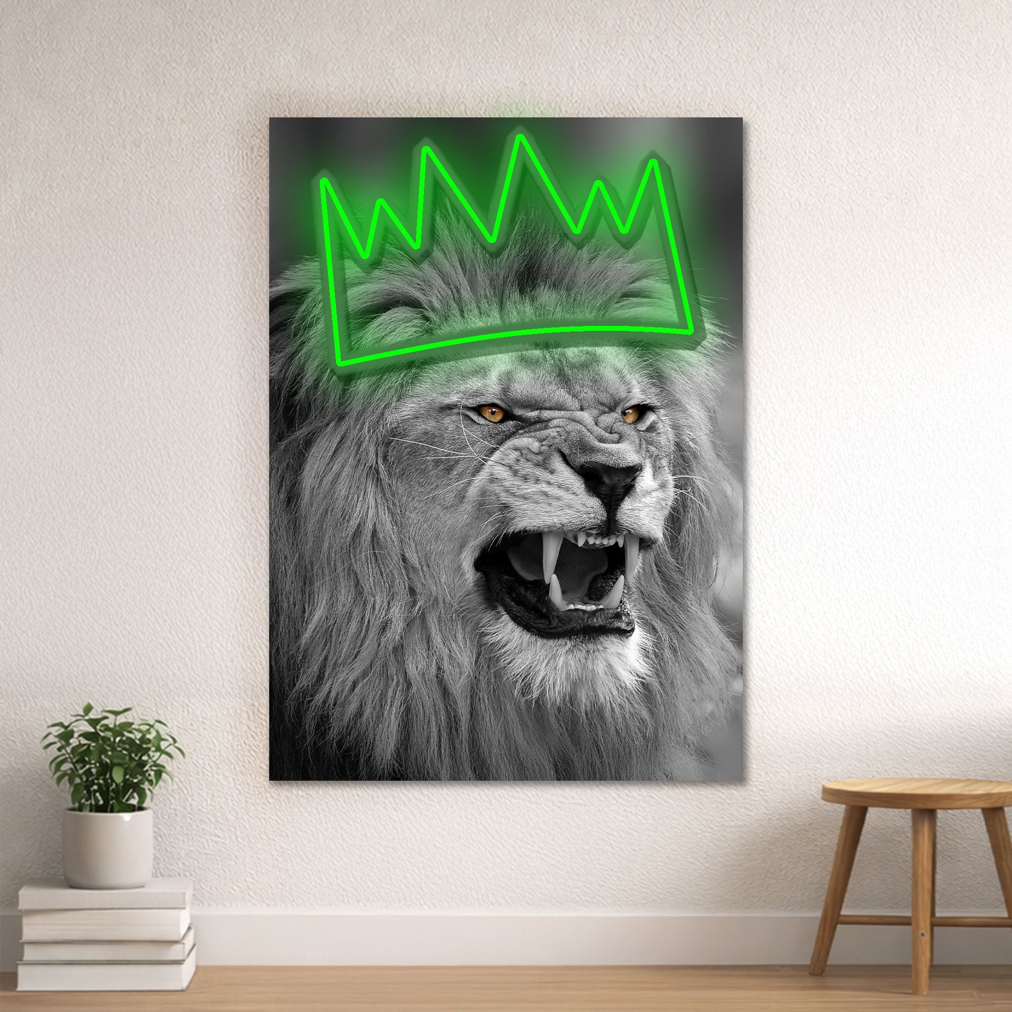 Lion Crown Neon Wall Art – Black & White Design
