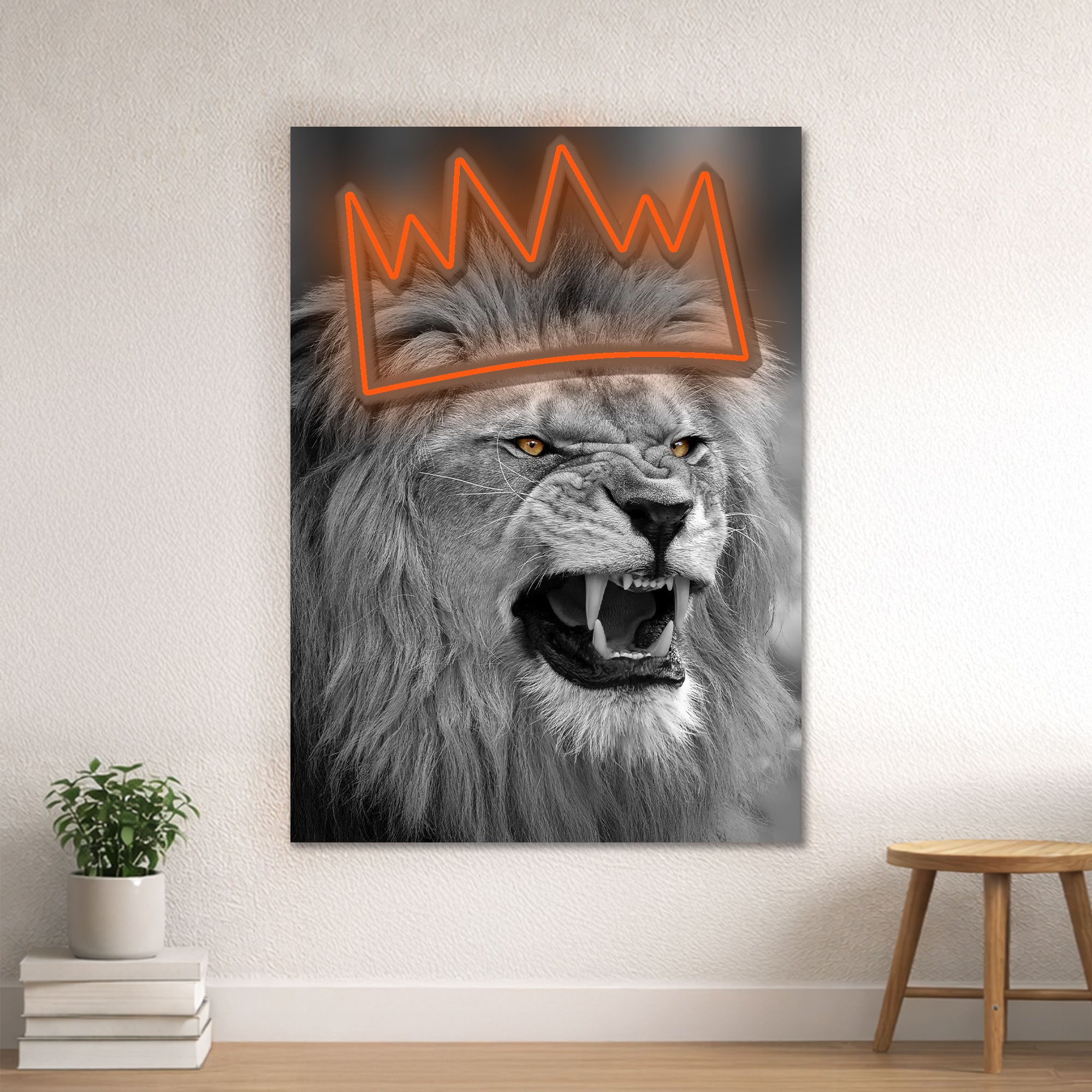 Lion Crown Neon Wall Art – Black & White Design