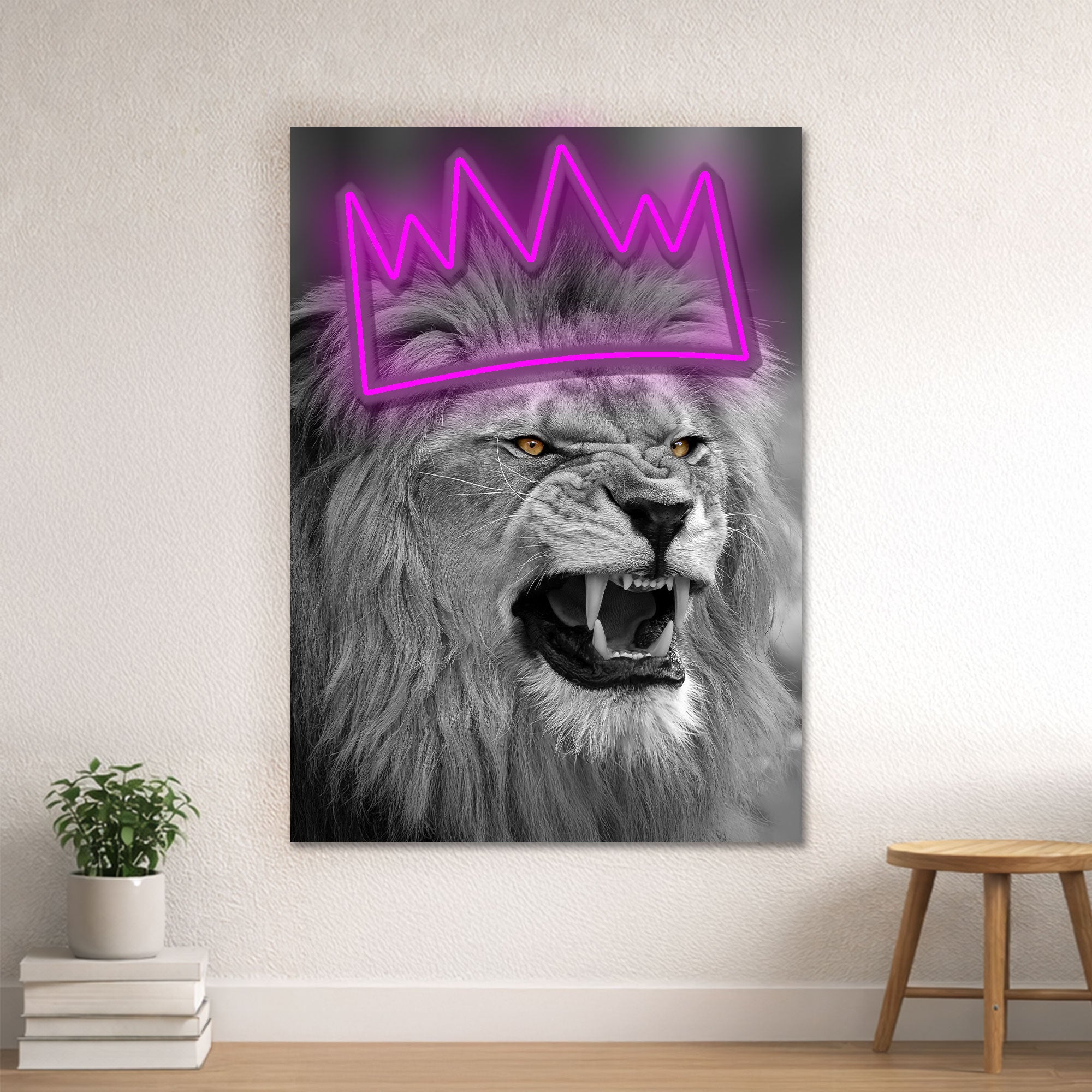 Lion Crown Neon Wall Art – Black & White Design
