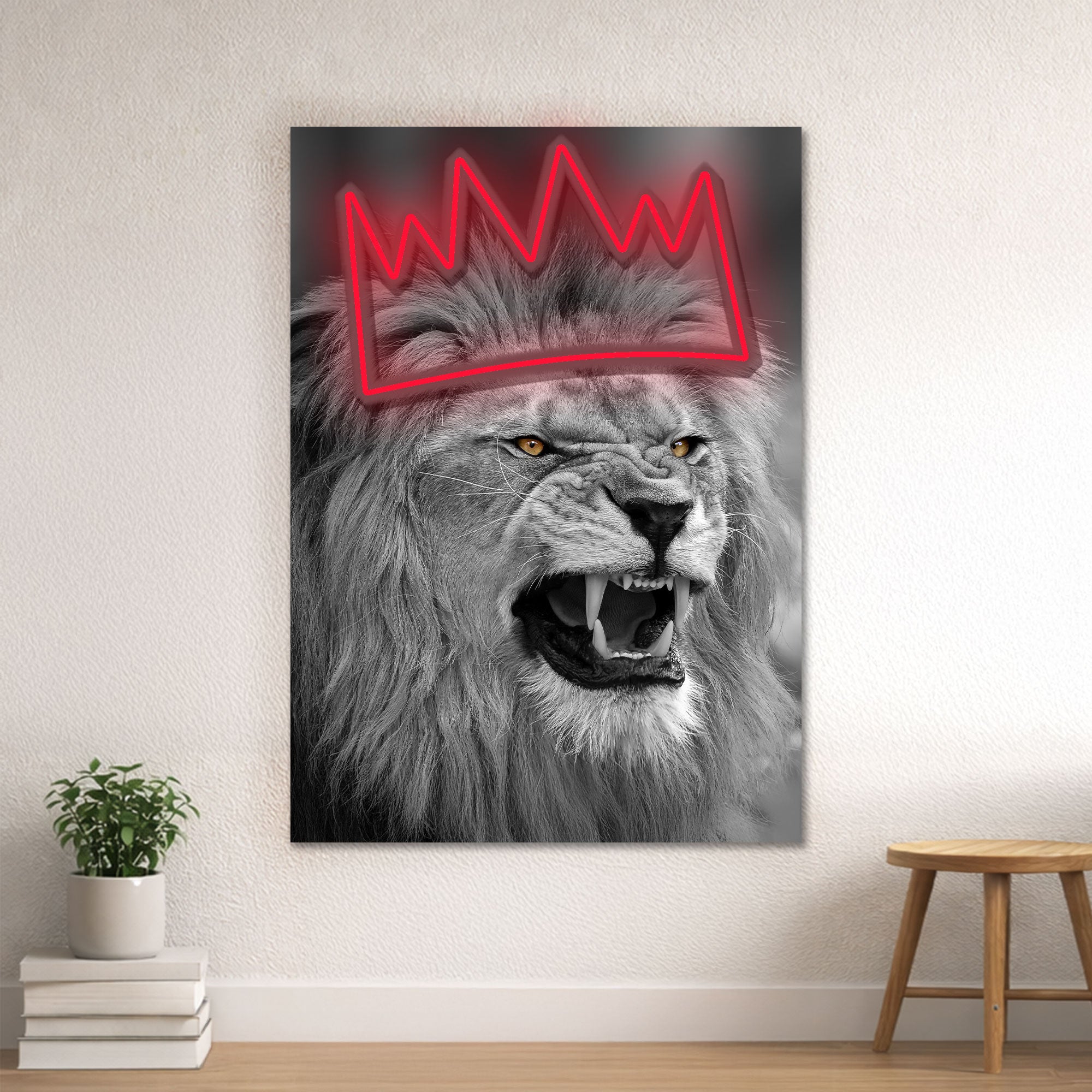 Lion Crown Neon Wall Art – Black & White Design