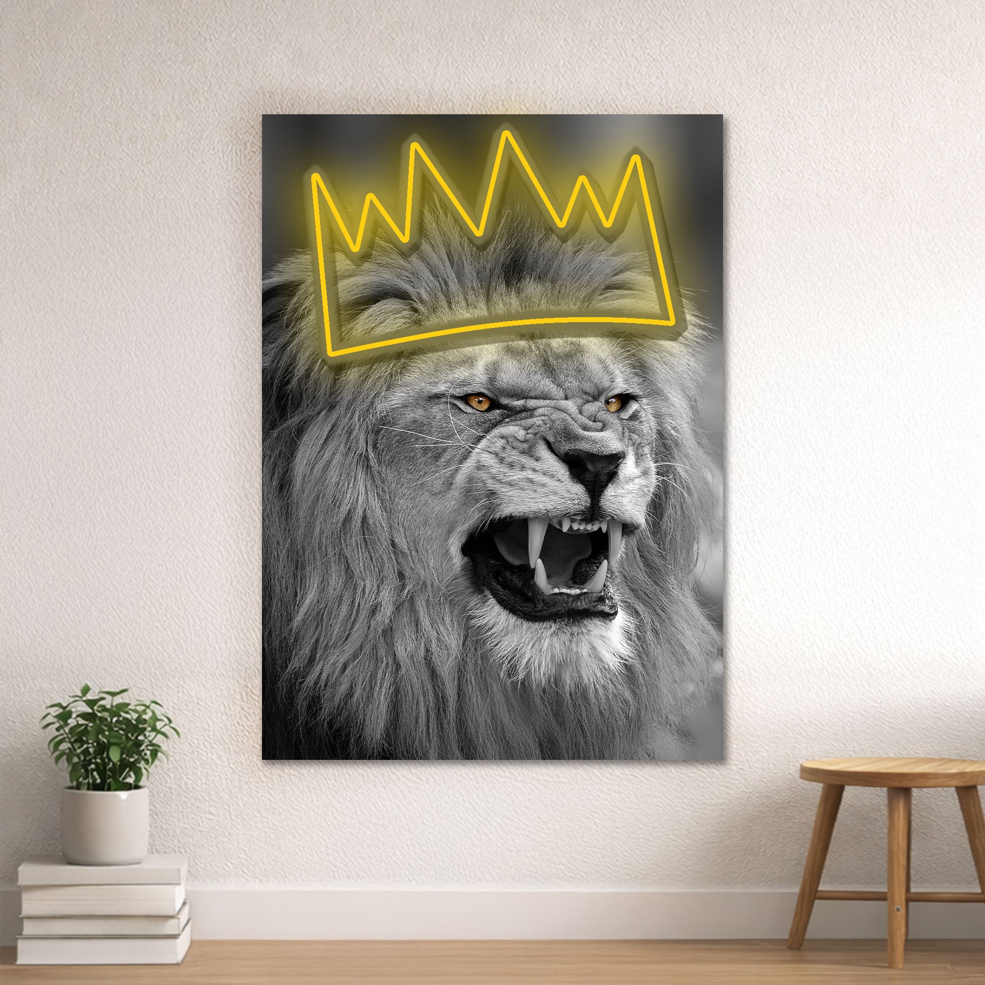Lion Crown Neon Wall Art – Black & White Design