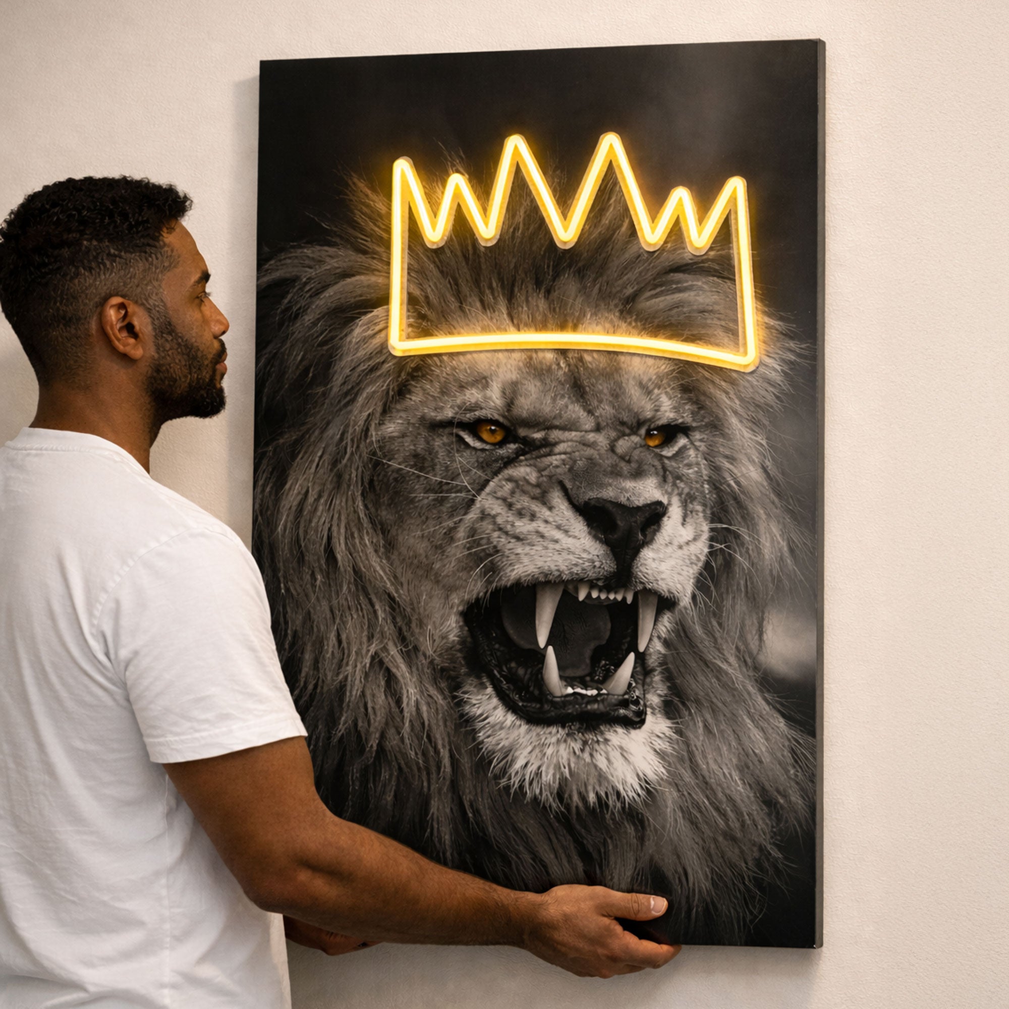 Lion Crown Neon Wall Art – Black & White Design
