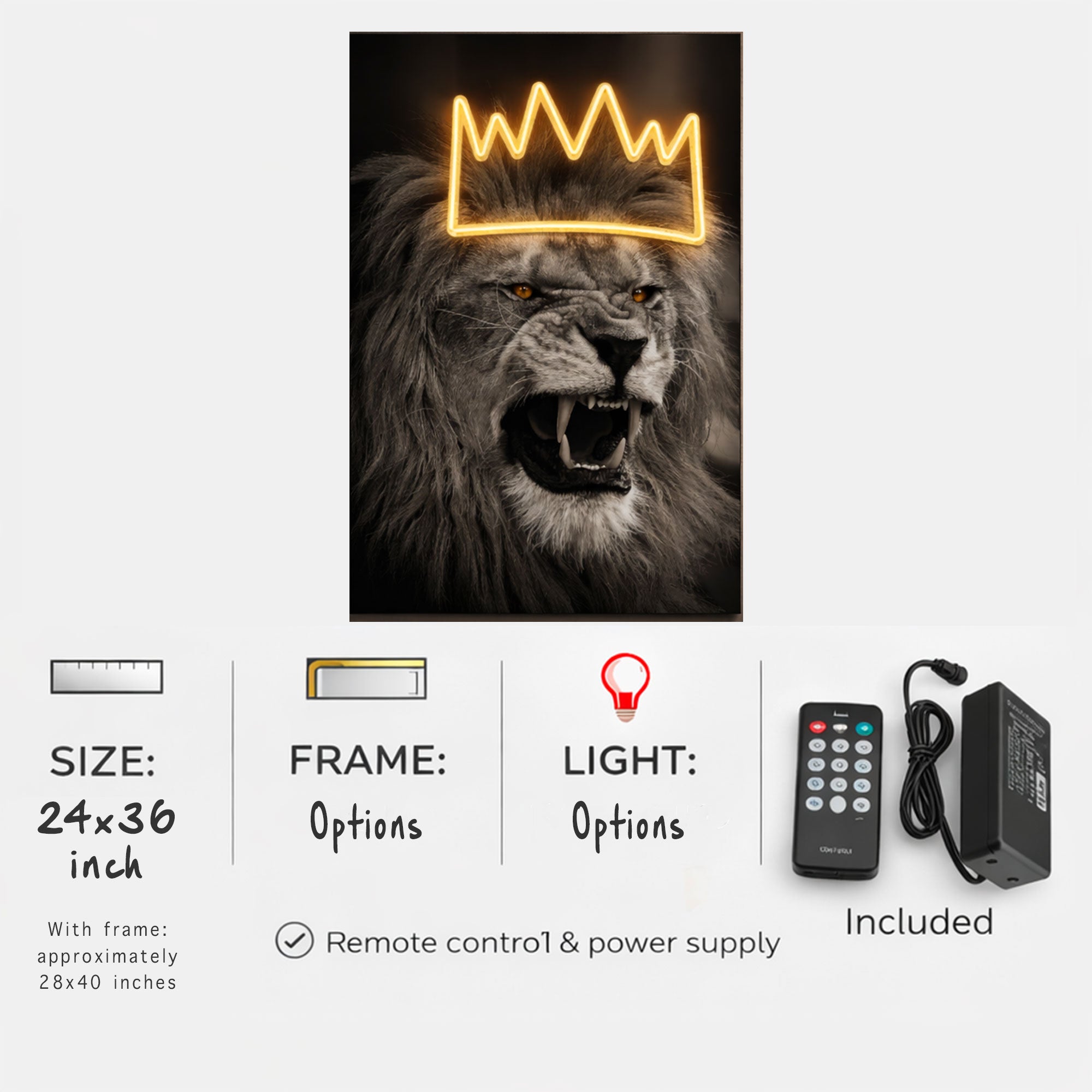 Lion Crown Neon Wall Art – Black & White Design