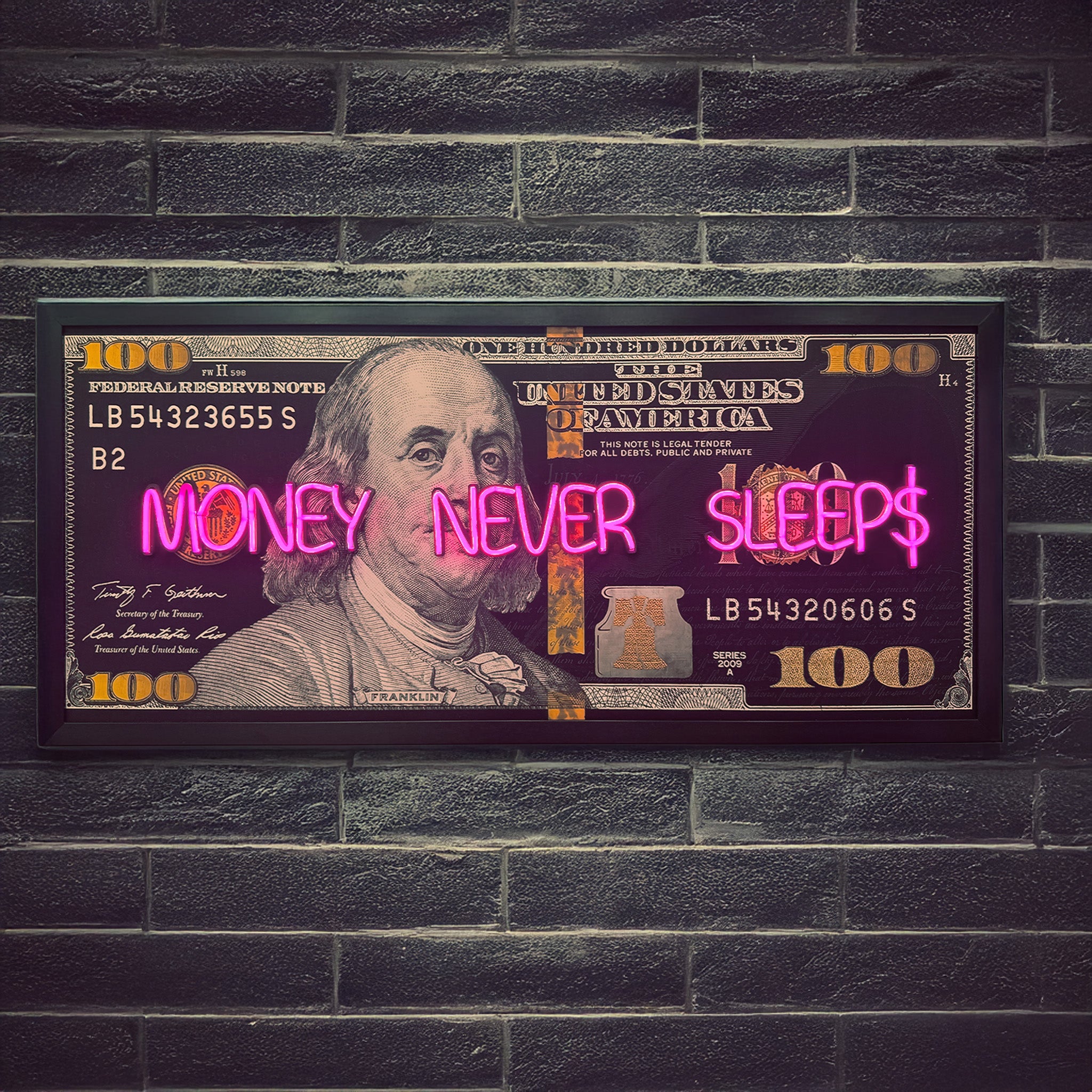 Black and Gold 100 Dollar- Money Never Sleeps Neon Light- Wall Art Decor