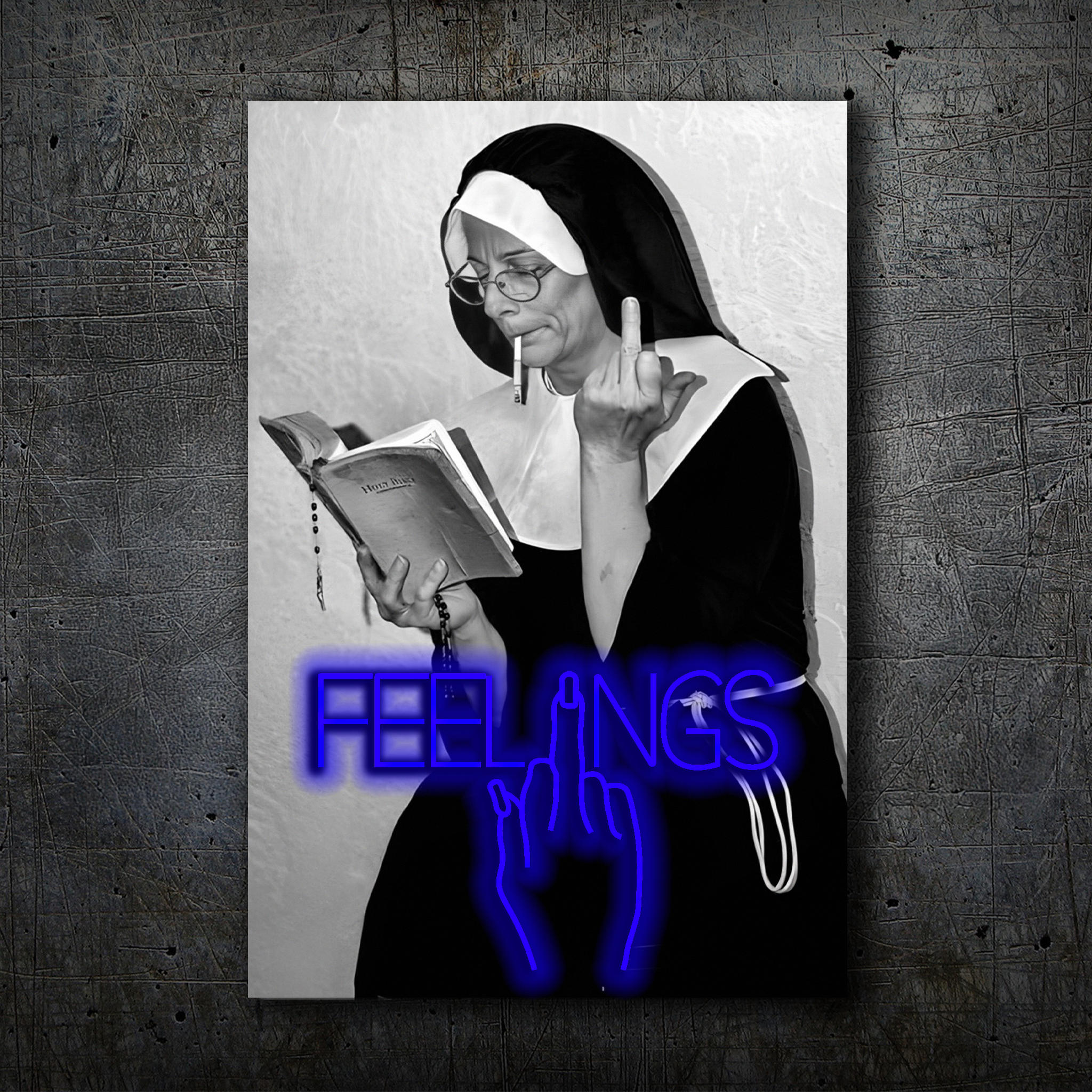 FEELINGS Neon Wall Art – Retro Black & White Design
