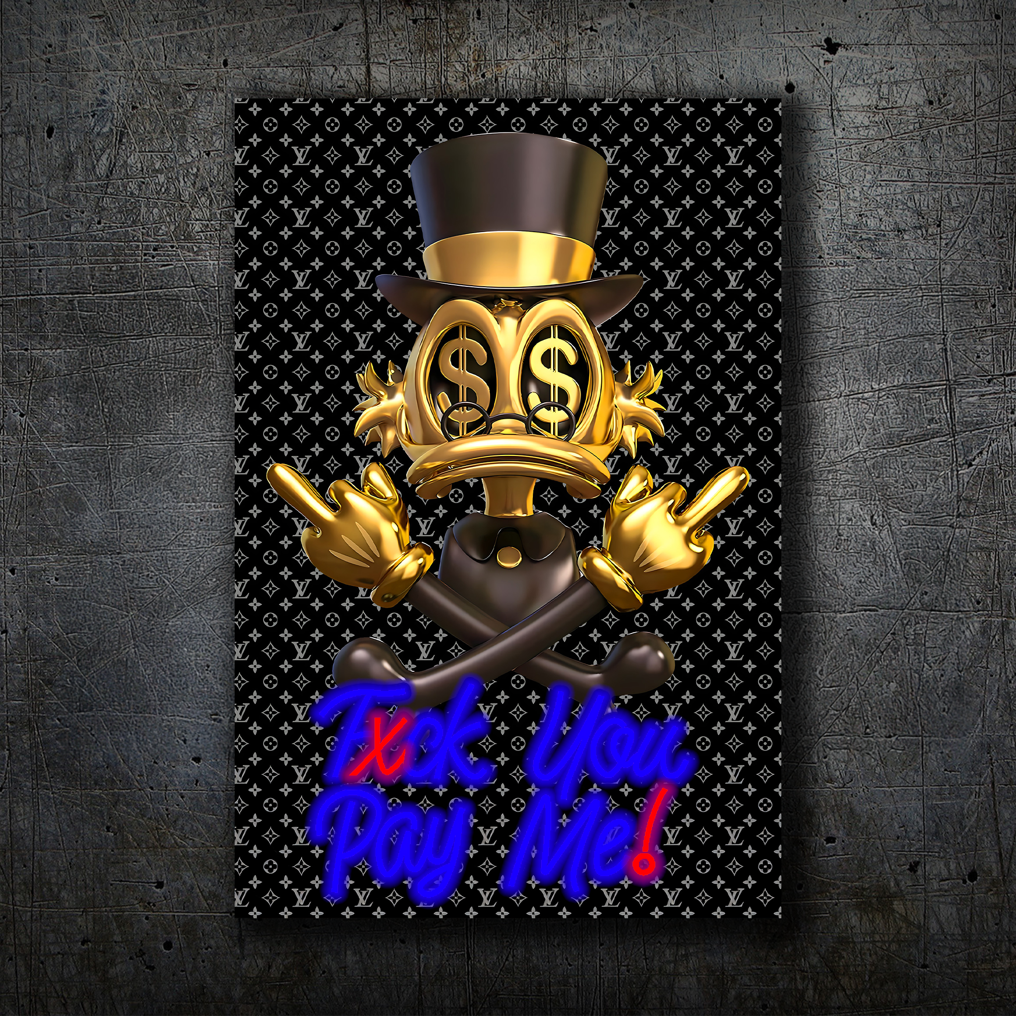 Donald Duck Scrooge – Gold Black Neon Wall Art “F* You Pay Me”