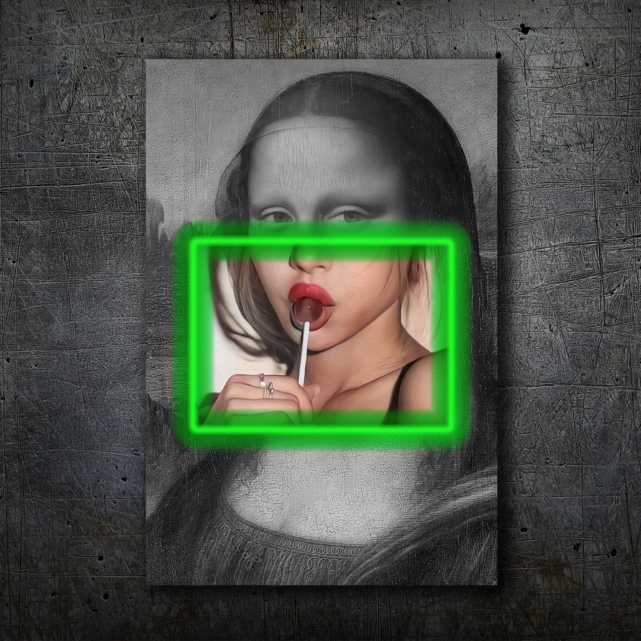 Mona Lisa Pop Art – Neon Pink Frame & Lollipop Wall Decor