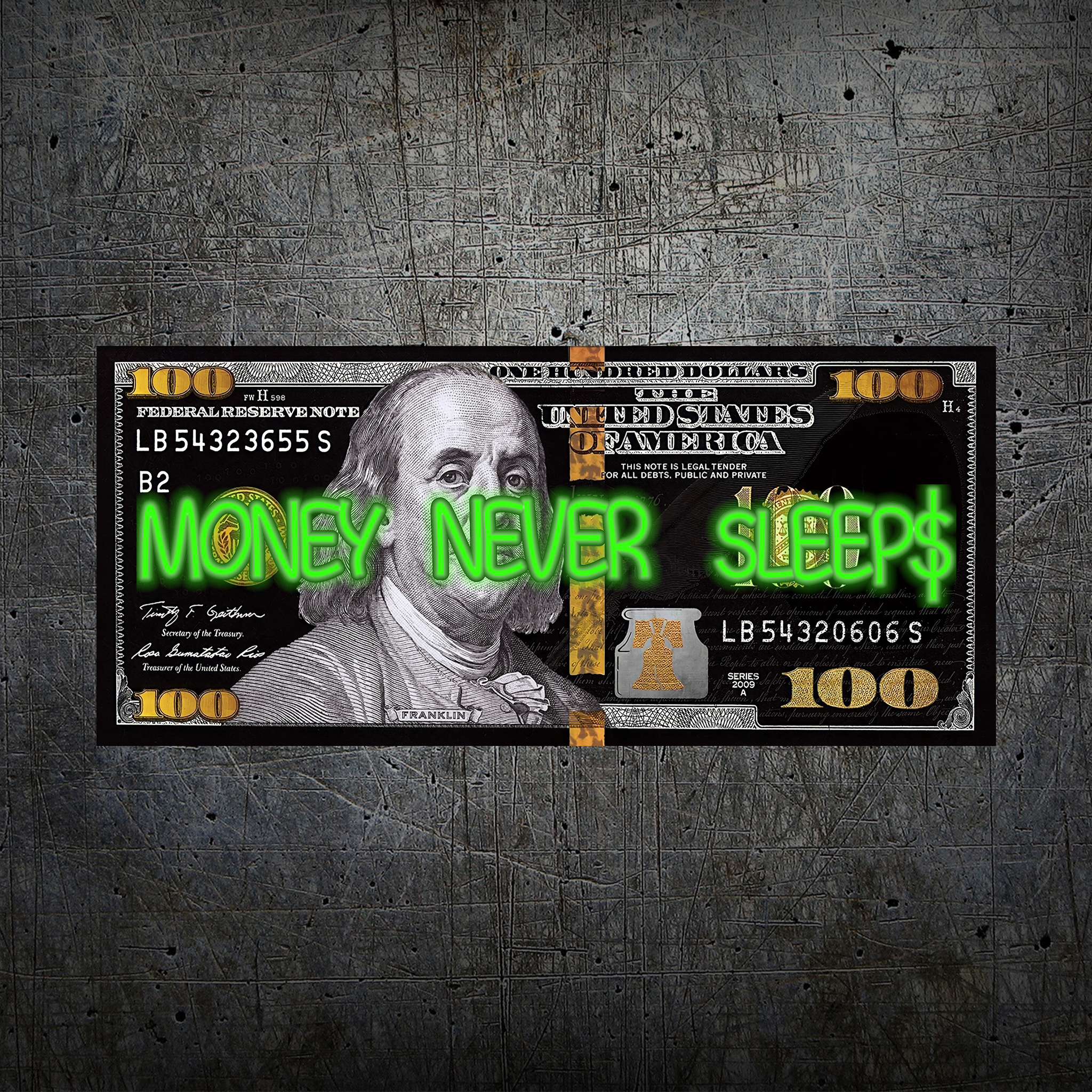Black and Gold 100 Dollar- Money Never Sleeps Neon Light- Wall Art Decor